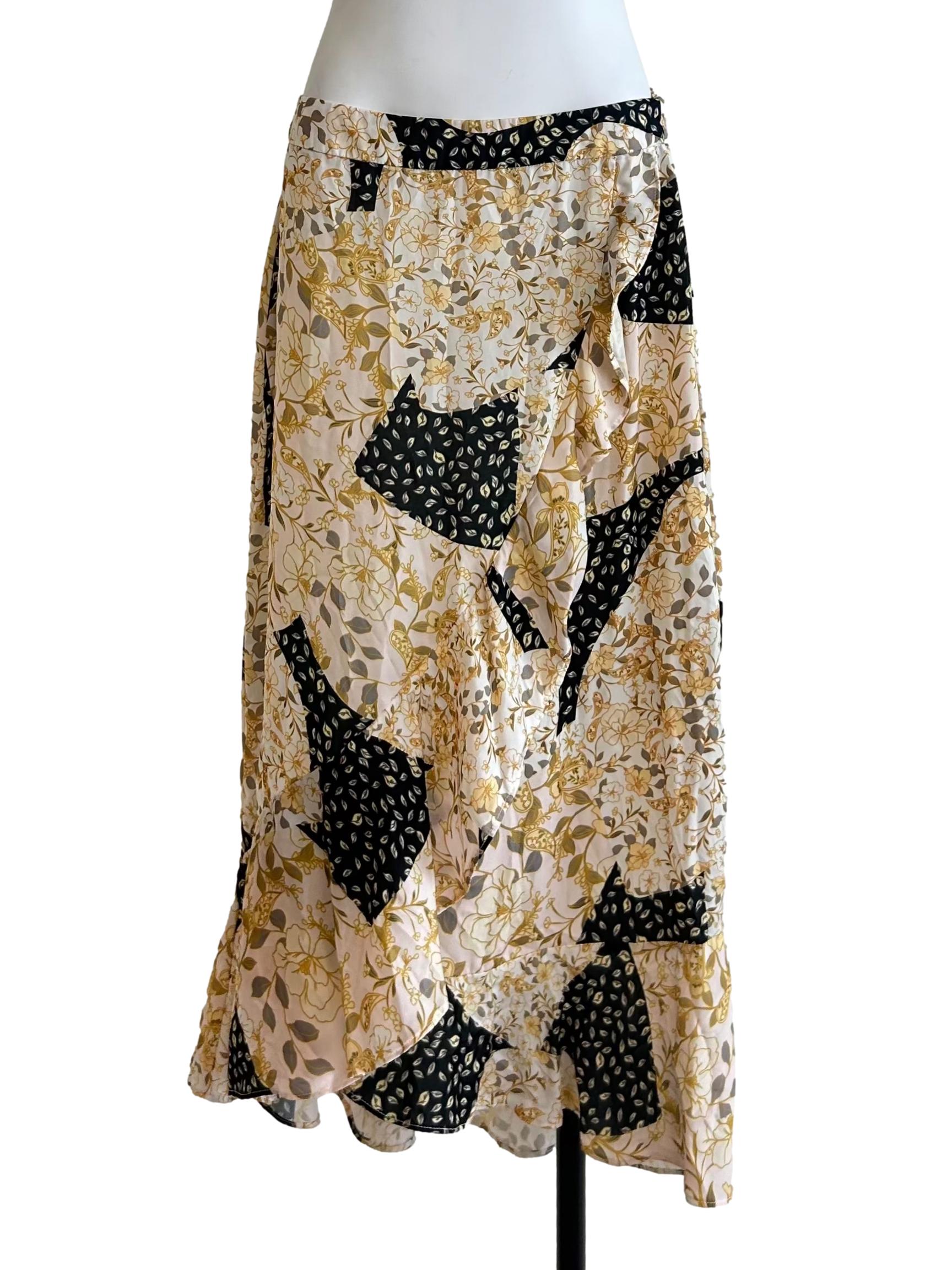 Yellow And Black Mixed Floral Print Ruffled Skirt