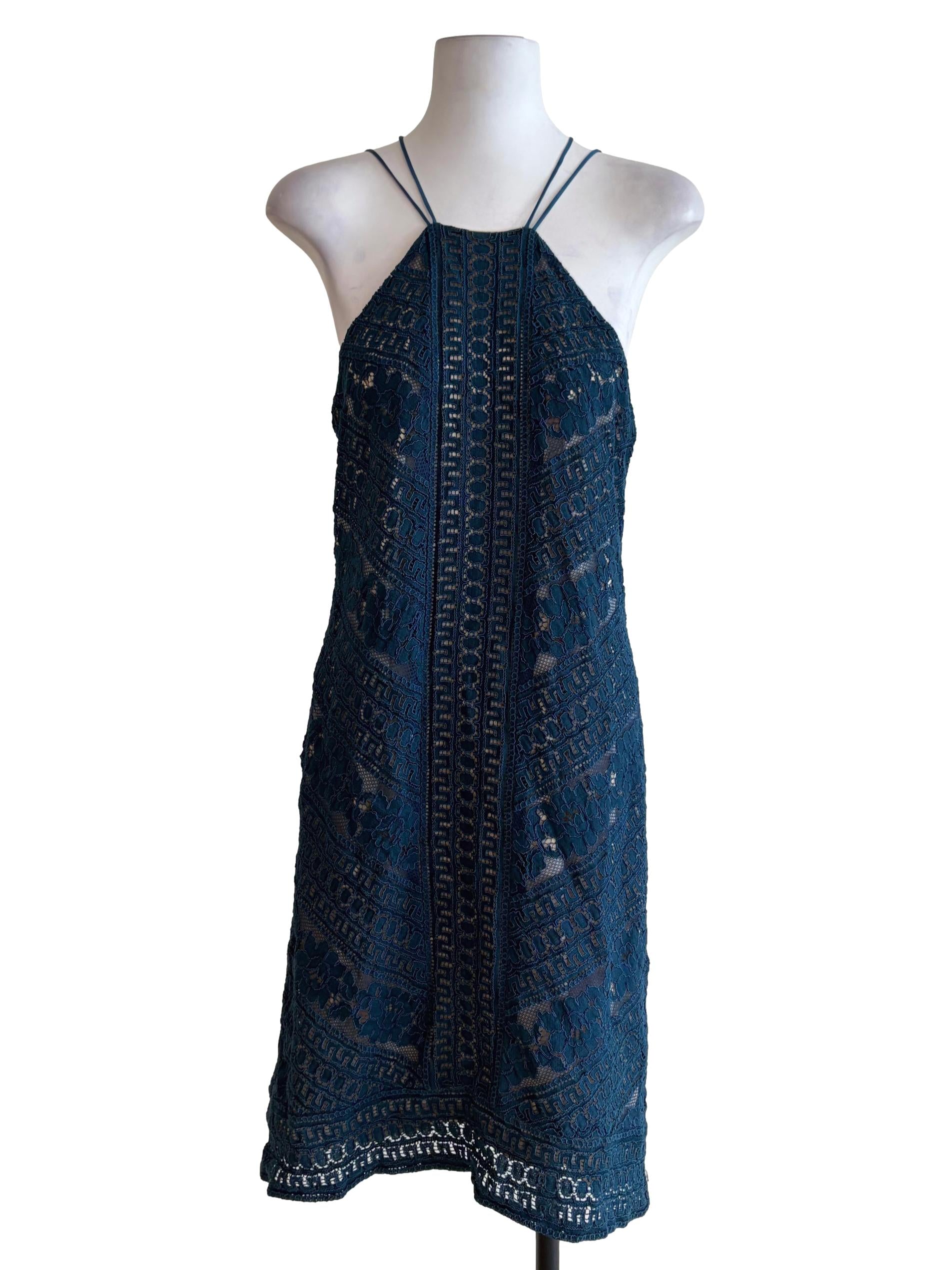 Teal Blue Laced Crossed Back Strap Slip Dress