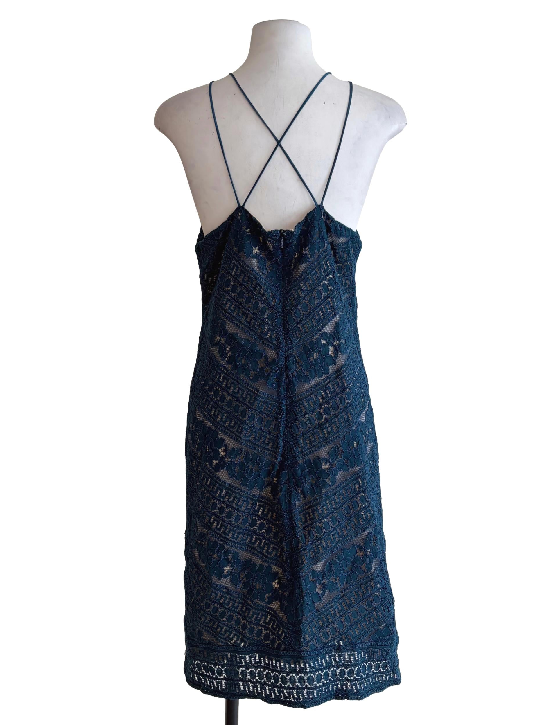 Teal Blue Laced Crossed Back Strap Slip Dress