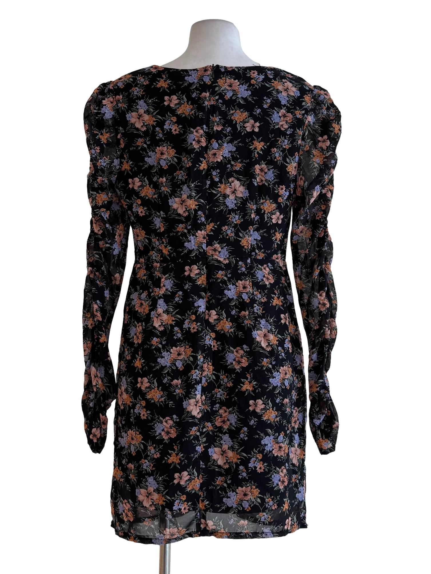 Black With Pale Orange And Purple Floral Motif V Neck Dress