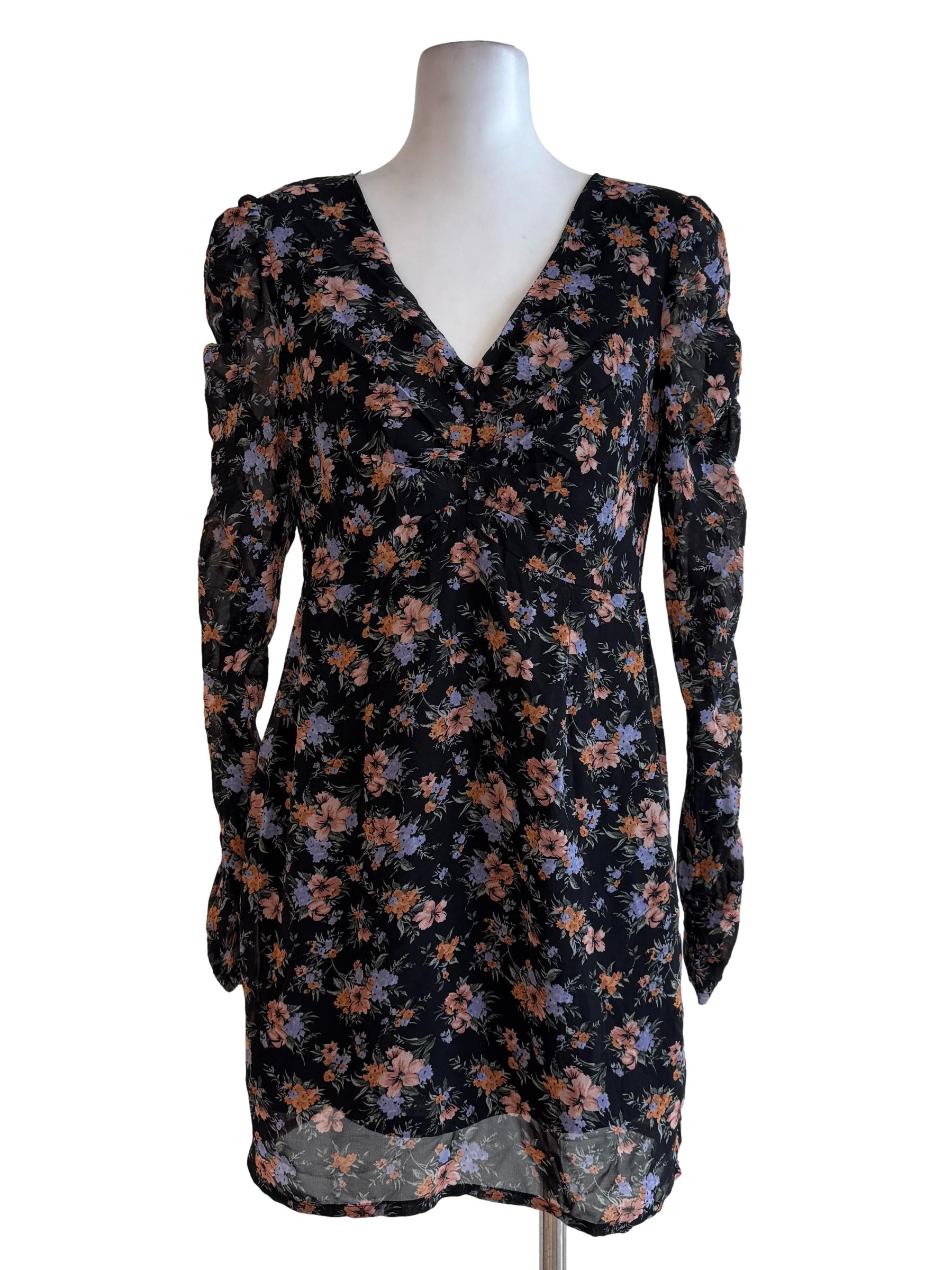Black With Pale Orange And Purple Floral Motif V Neck Dress