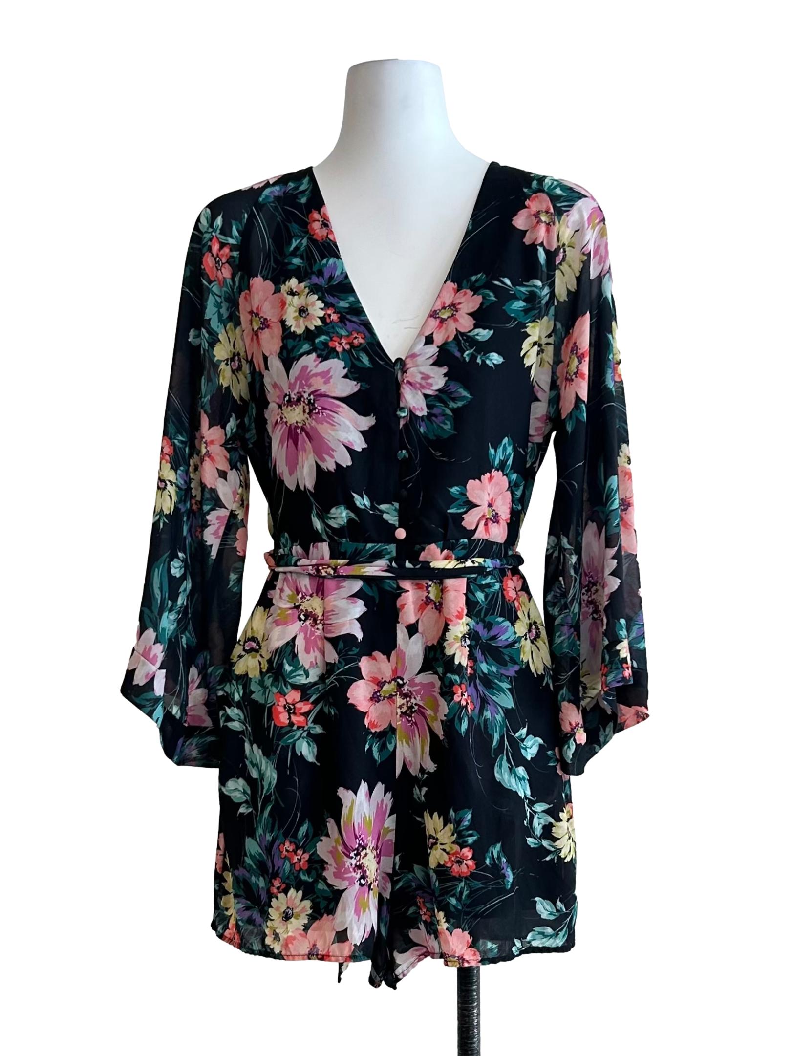 Black Floral Print Long-Sleeve Romper