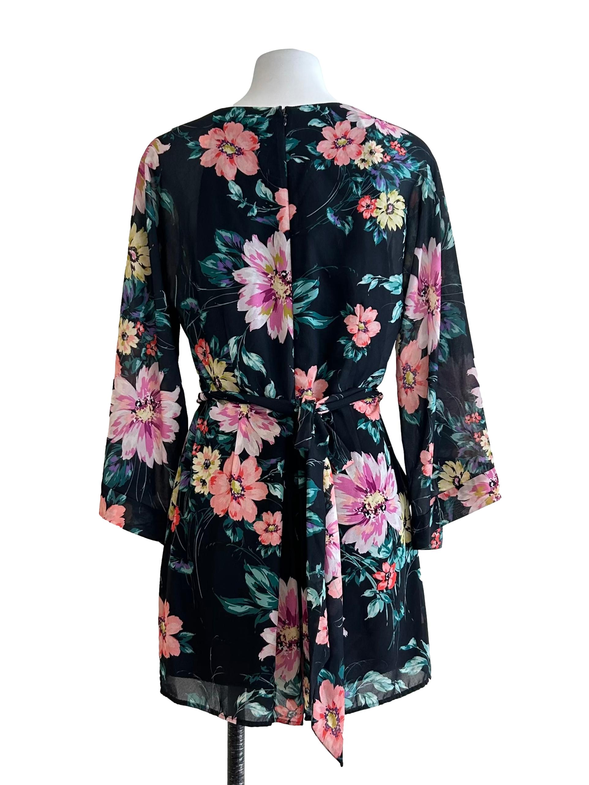 Black Floral Print Long-Sleeve Romper