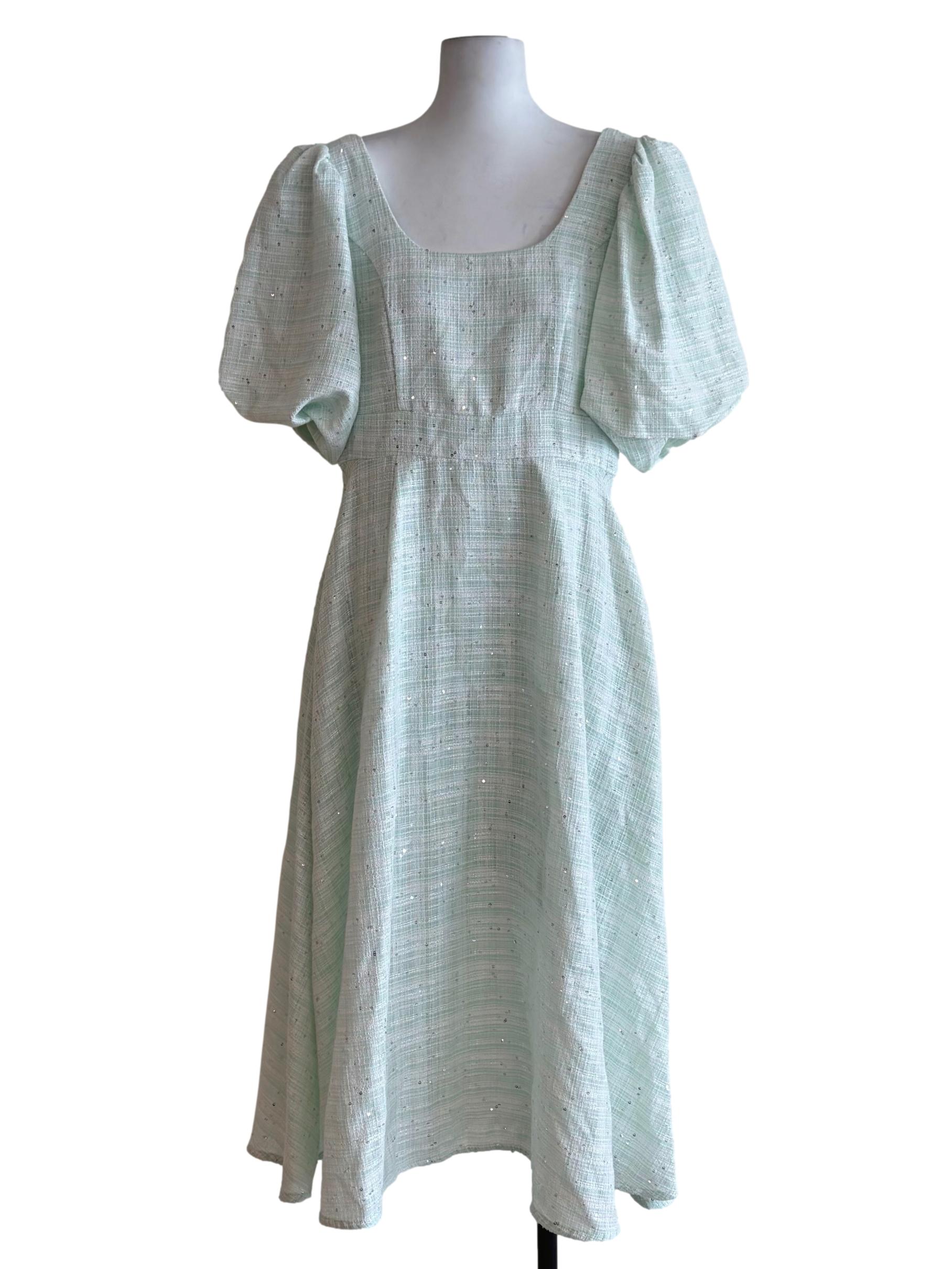 Mint Green Embroidered Beaded Details Puffy Sleeve Dress
