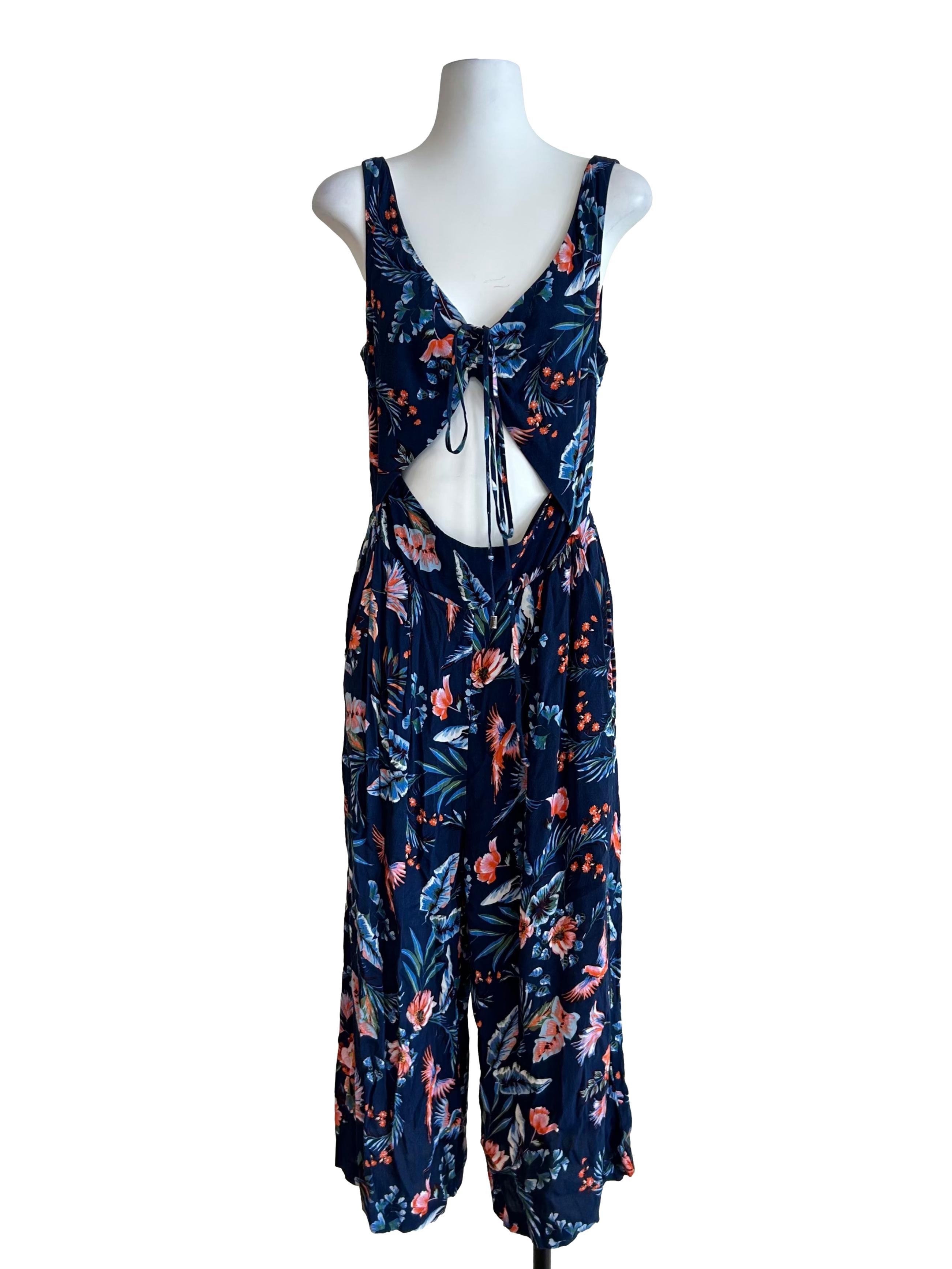 Navy Tropical Print Cut-Out Jumpsuit