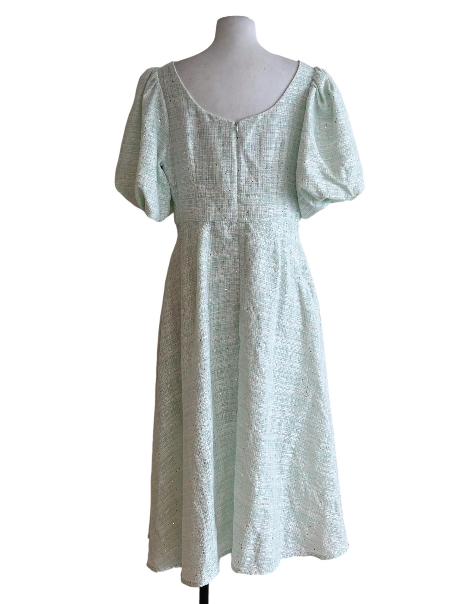 Mint Green Embroidered Beaded Details Puffy Sleeve Dress