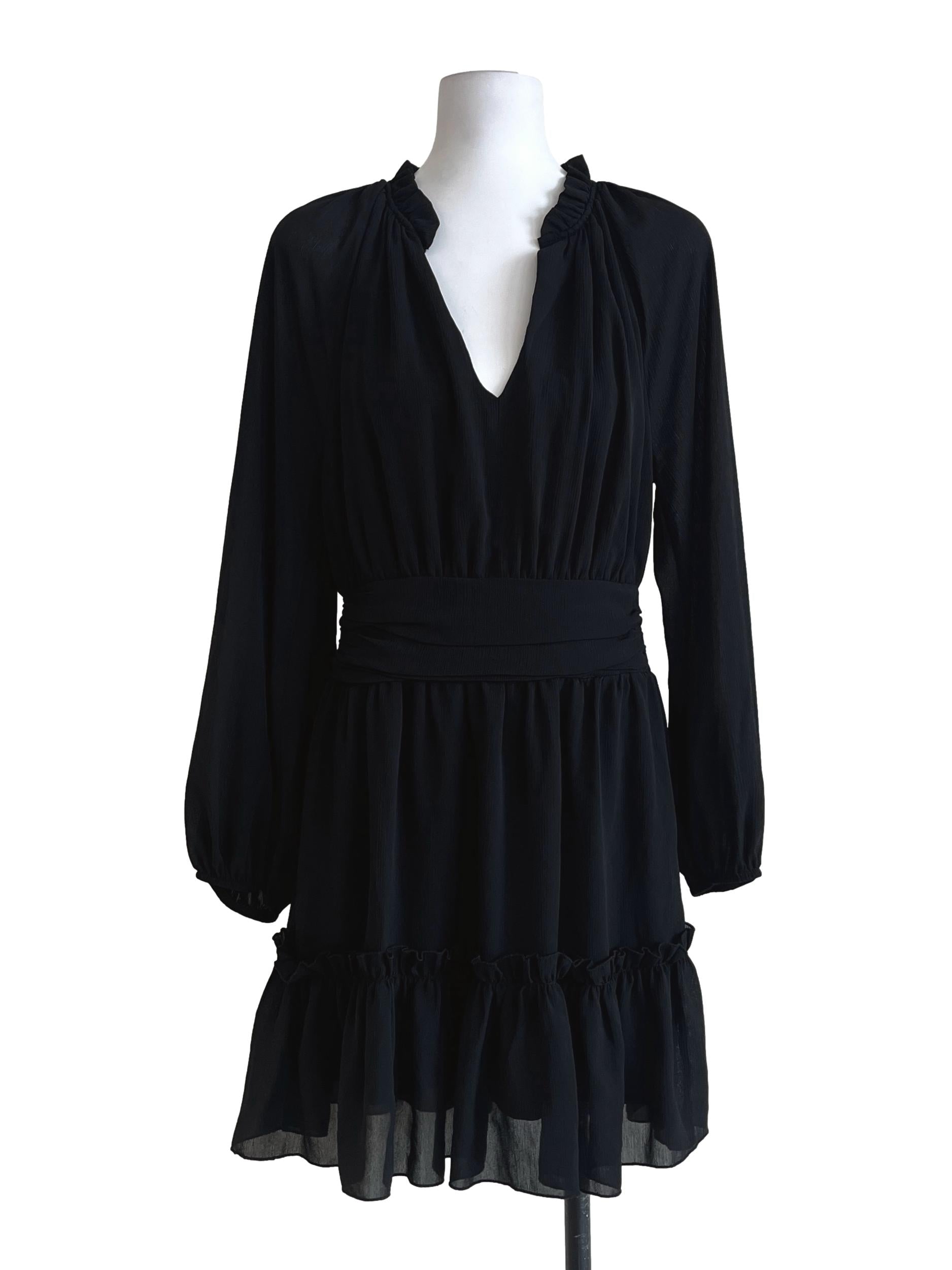 Onyx Black V-Neck Long Sleeve Tiered Dress