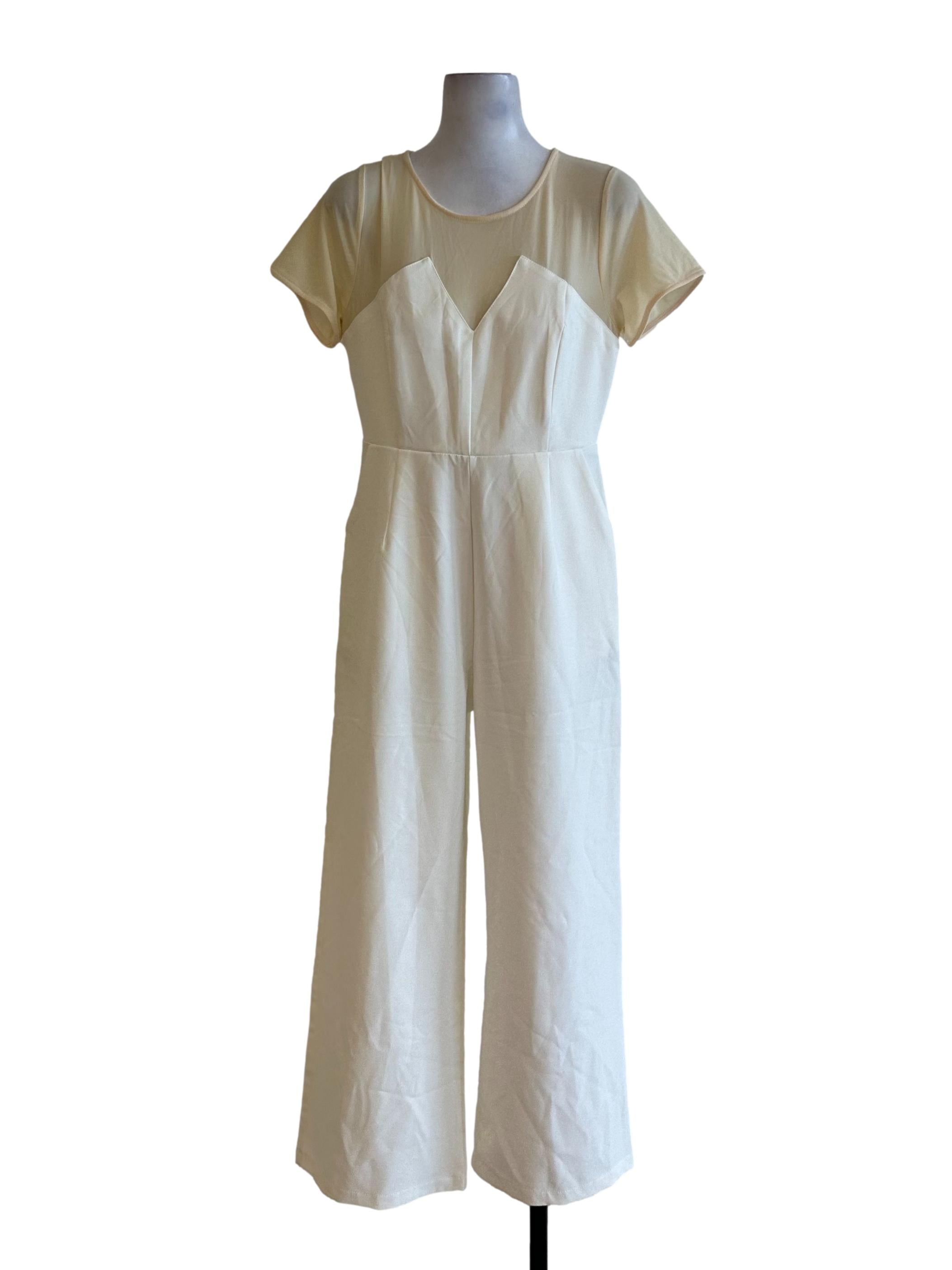 Yellow White Mesh Net Short Sleeve Jumpsuit