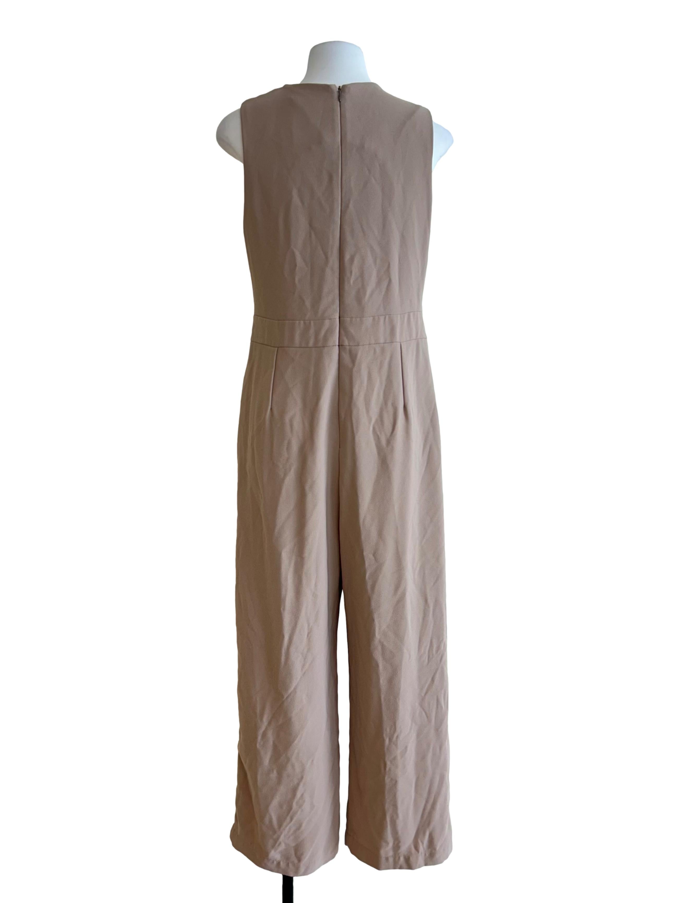 Taupe Sleeveless V-Neck Jumpsuit With Asymmetrical Waist Detail