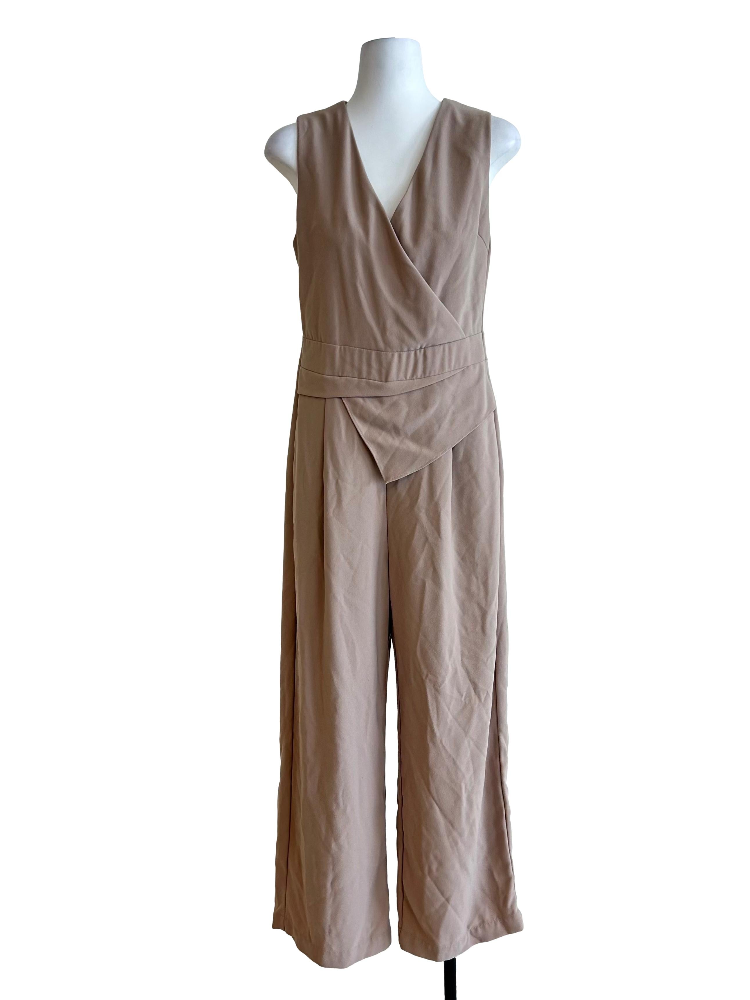 Taupe Sleeveless V-Neck Jumpsuit With Asymmetrical Waist Detail