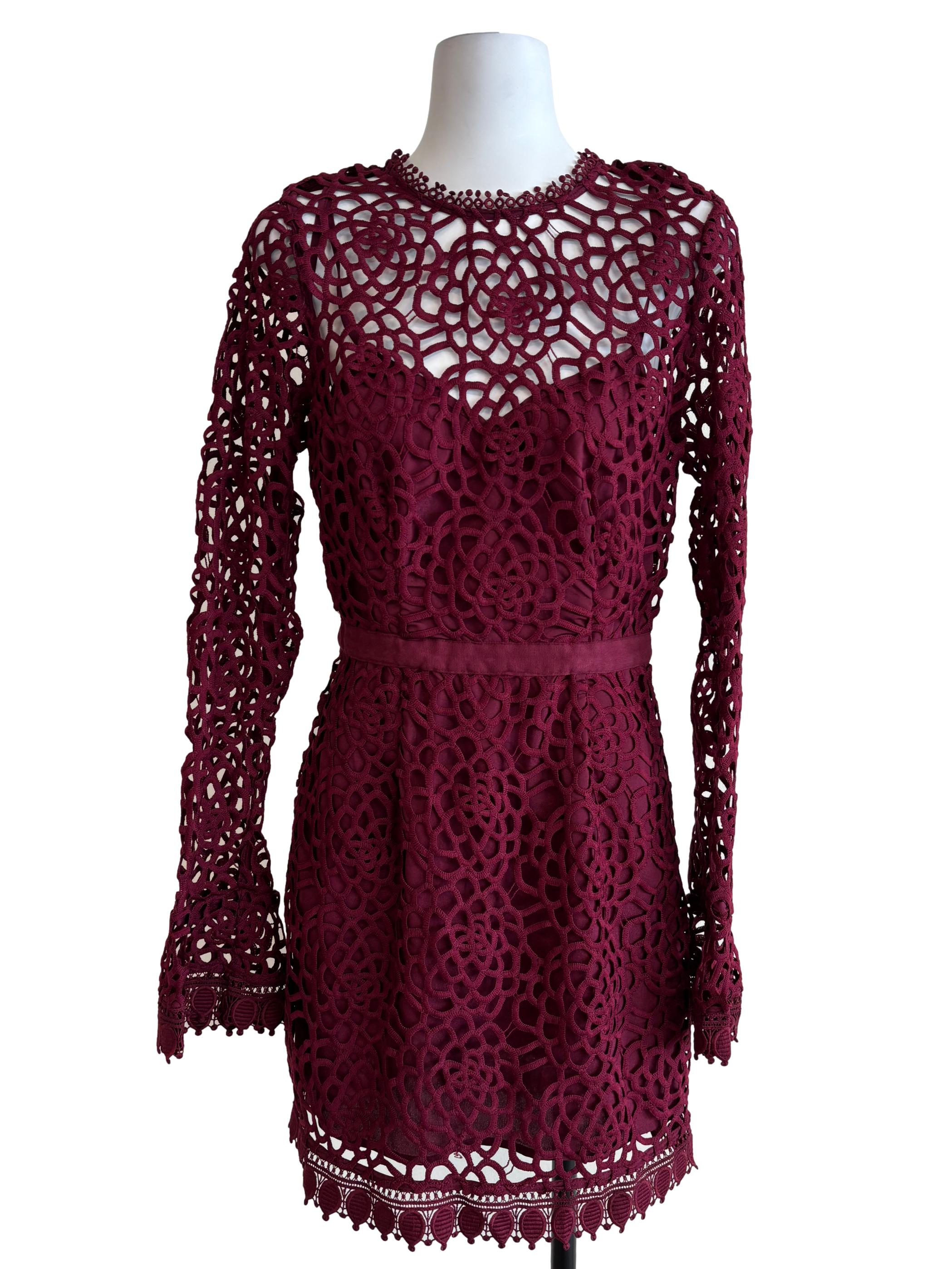 Maroon Patterned Lace Sheath Dress