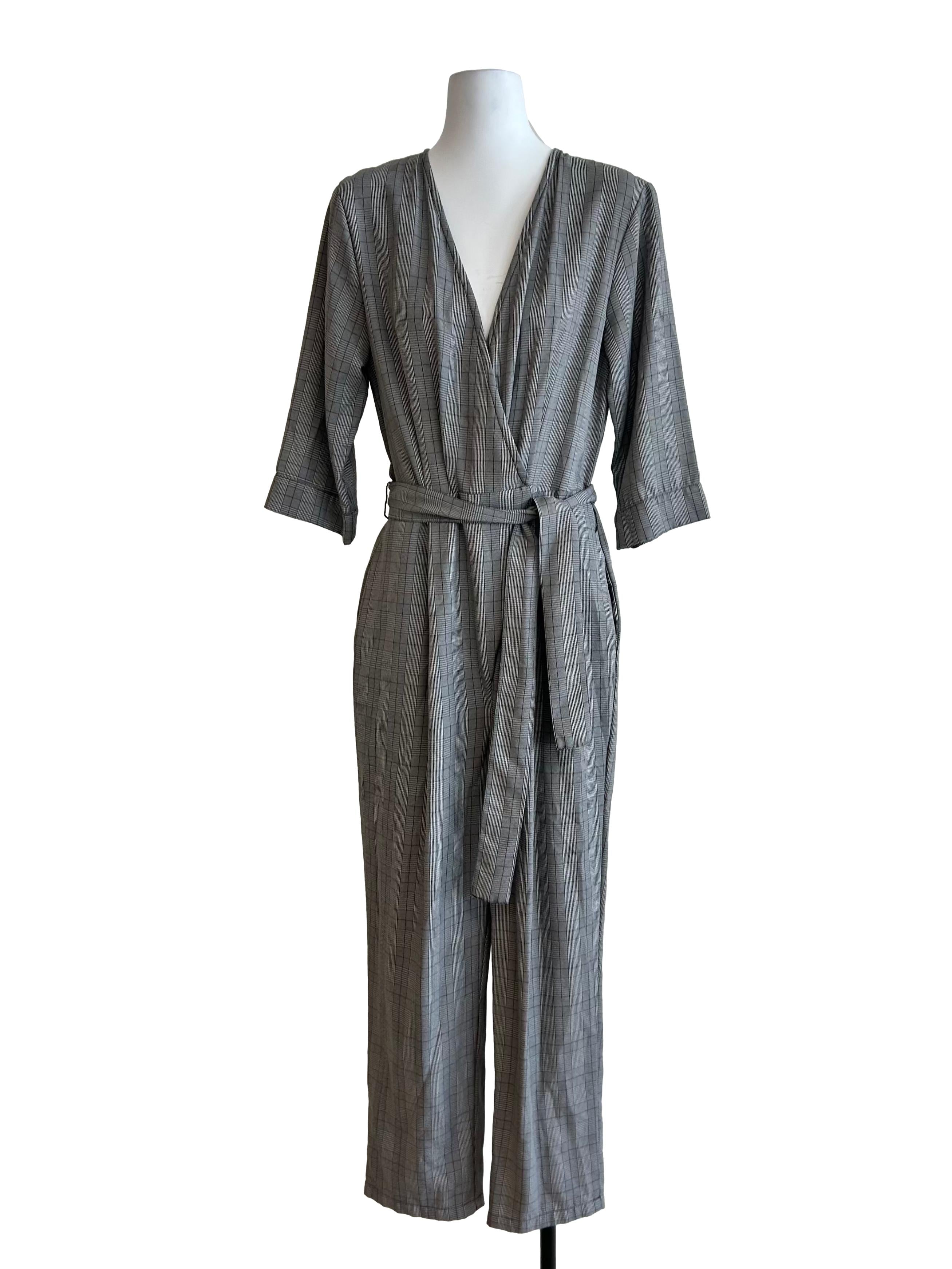 Grey Plaid V-Neck Jumpsuit