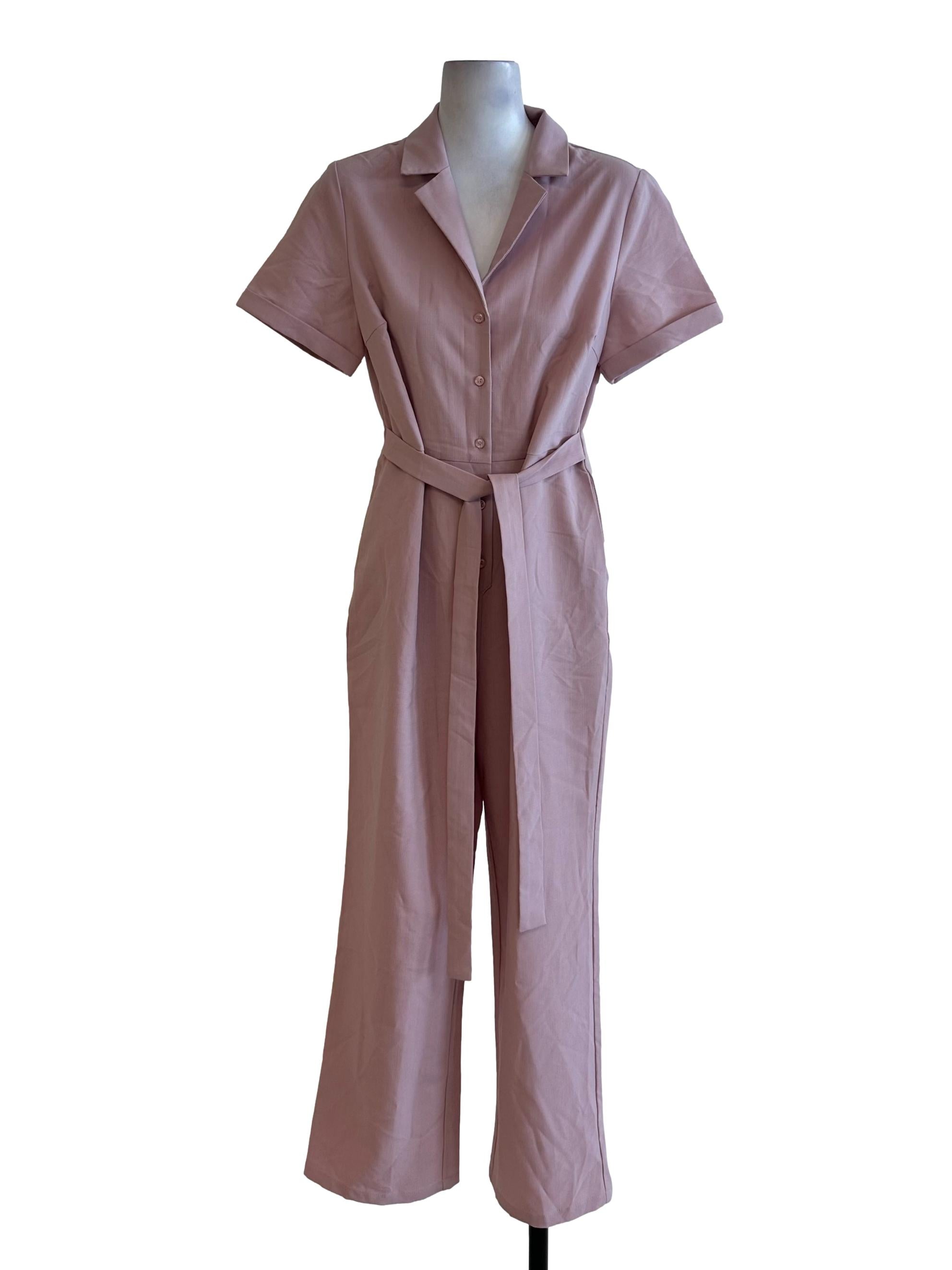 Dusty Pink Collar Short Sleeve Jumpsuit