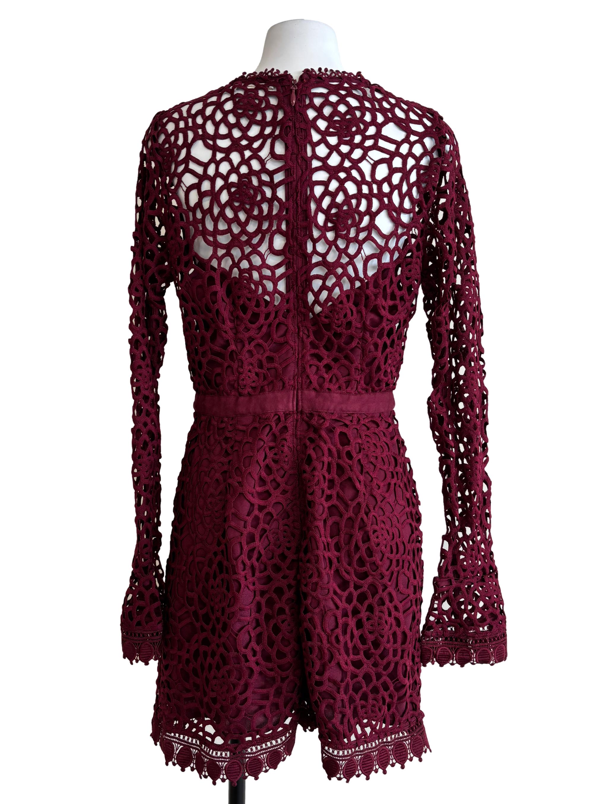 Maroon Patterned Lace Sheath Dress