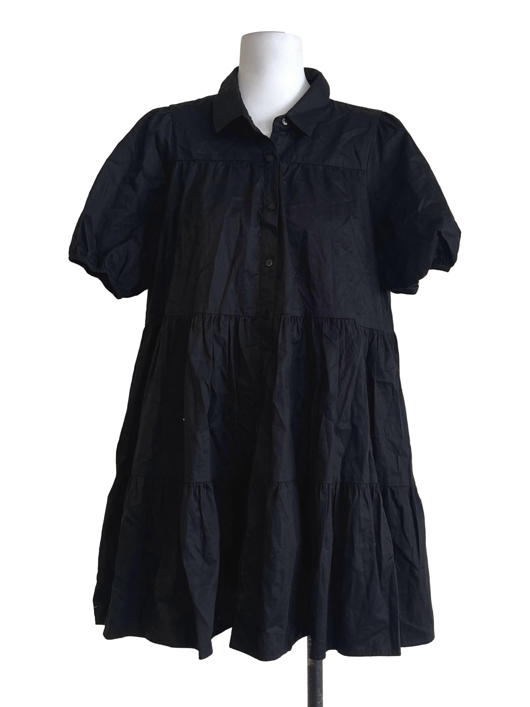 Pitch Black Puff Sleeve Tiered Dress