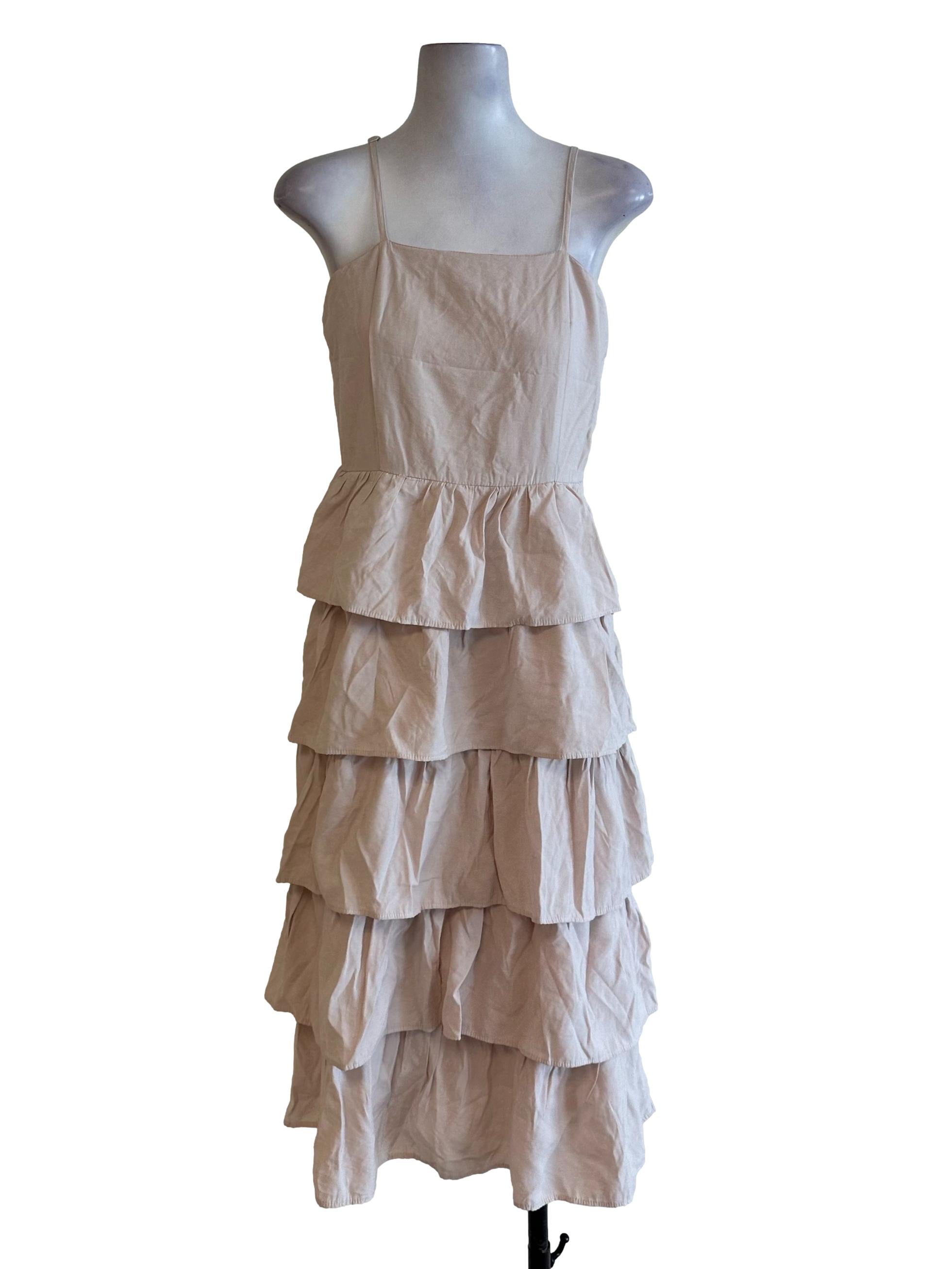 Sepia Beige Square Neck Layered Dress
