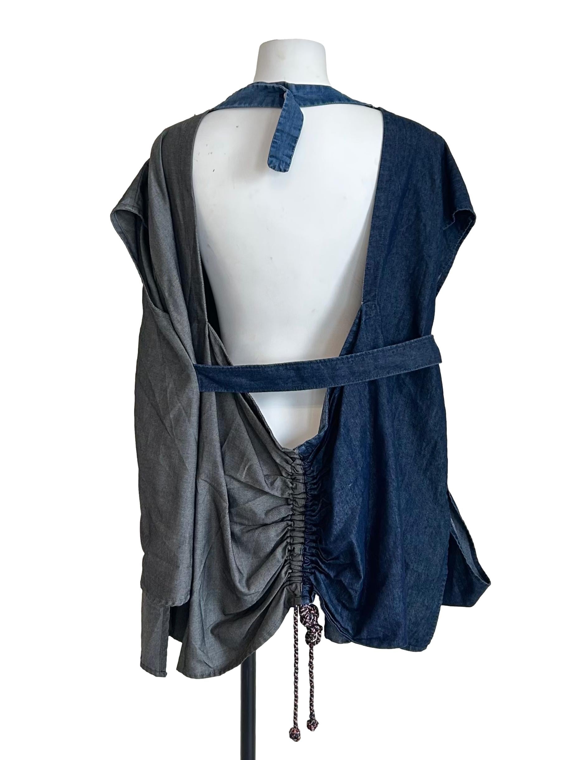 Denim And Grey Asymmetrical Button-Front Open Back Top