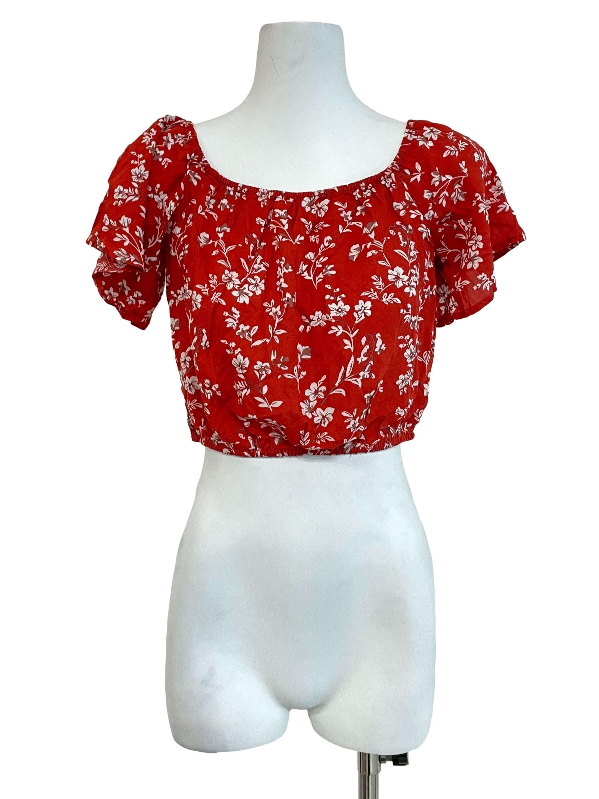 Rose Floral Butterfly Sleeves Crop Top