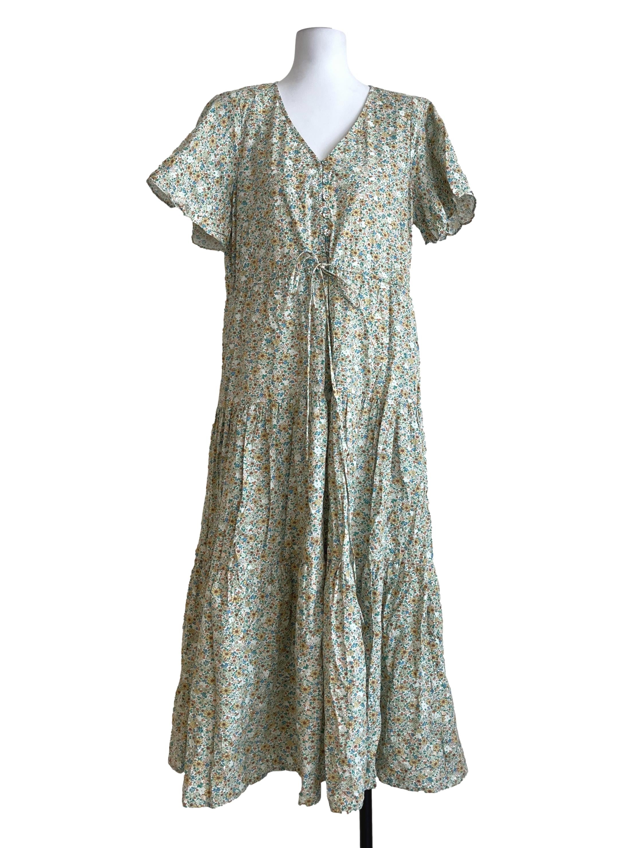 Pistachio Green V-Neck Short Sleeve Tiered Dress