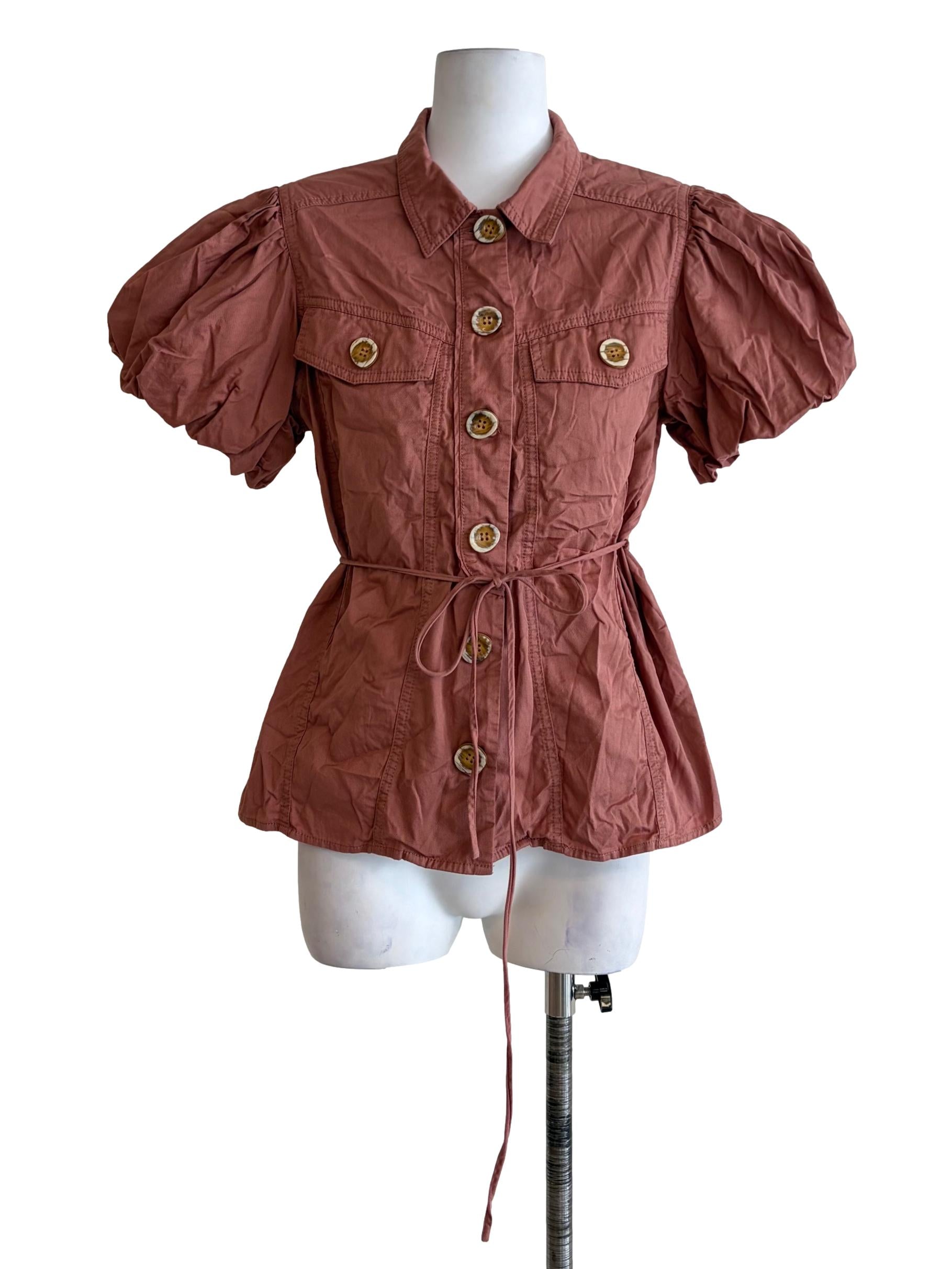 Rouge Pink Button Down Puffy Sleeve Top