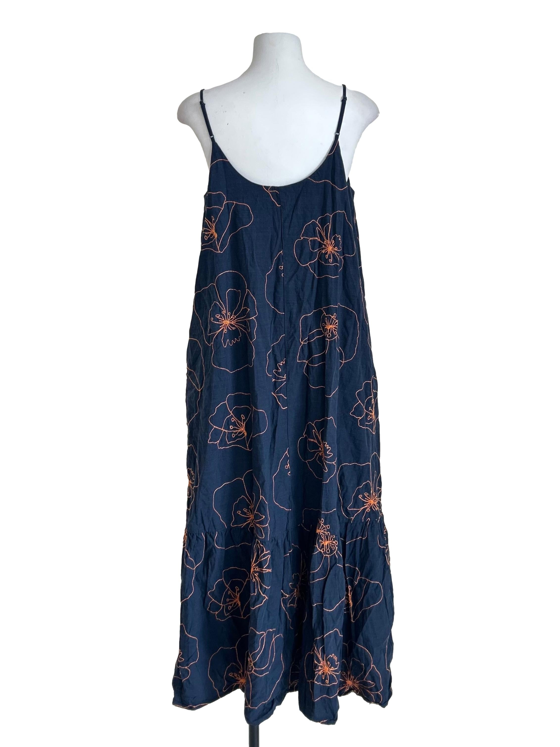 Navy Blue Orange Floral Line Cami Dress