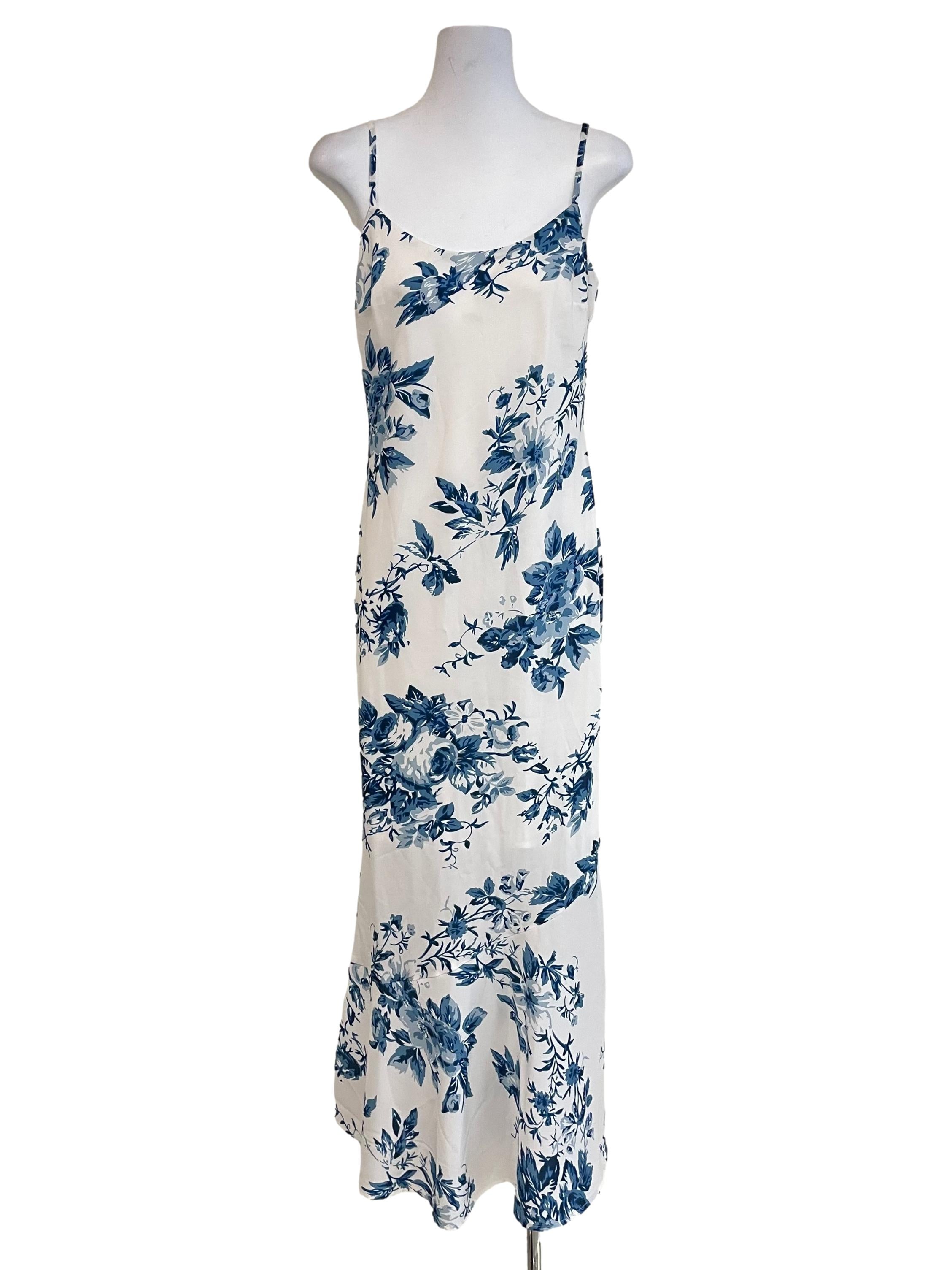 White &Blue Floral Bias Dress