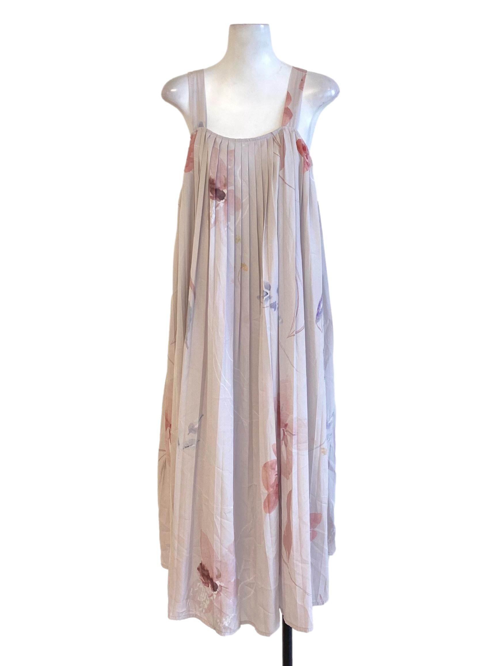 Crepe Pink Pleated Floral Square Neck Slip Dress