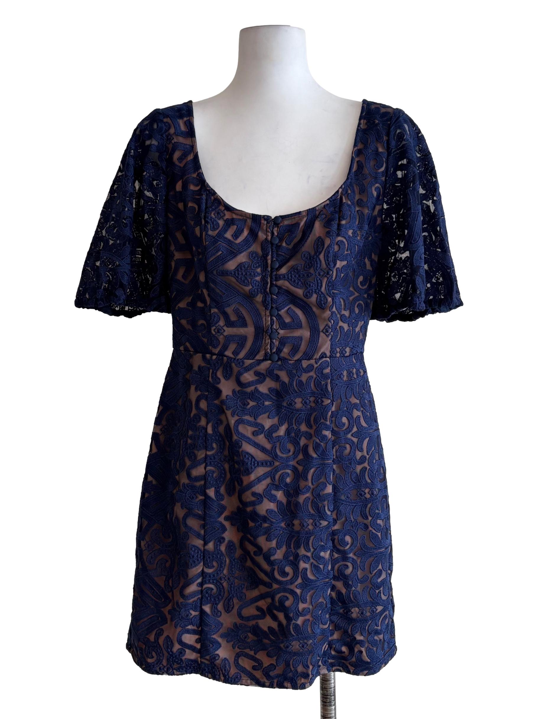 Midnight Blue Puff Sleeve Laced A-Line Dress