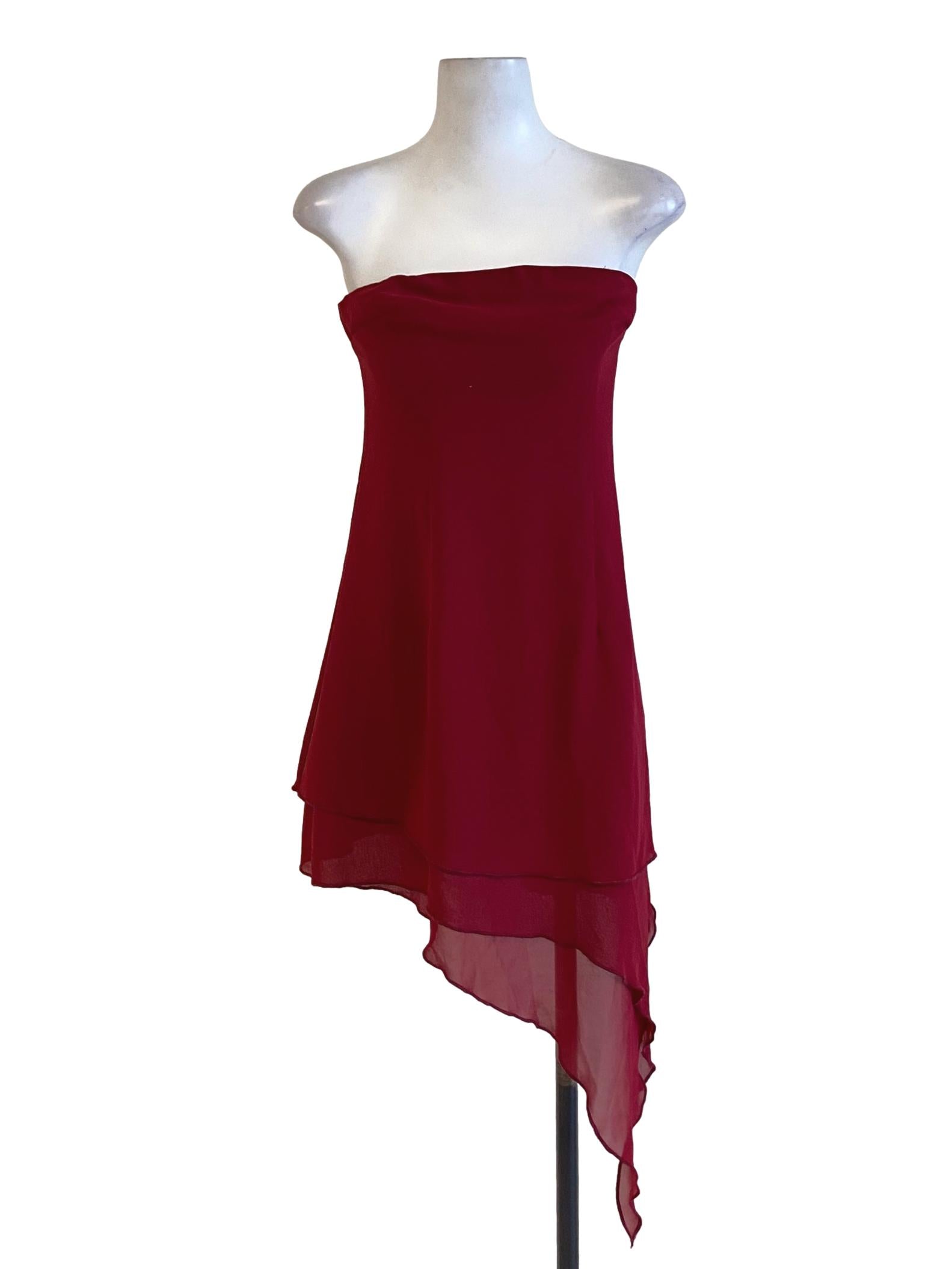 Jam Red Mesh Asymmetrical Bodycon Strapless Dress YHF