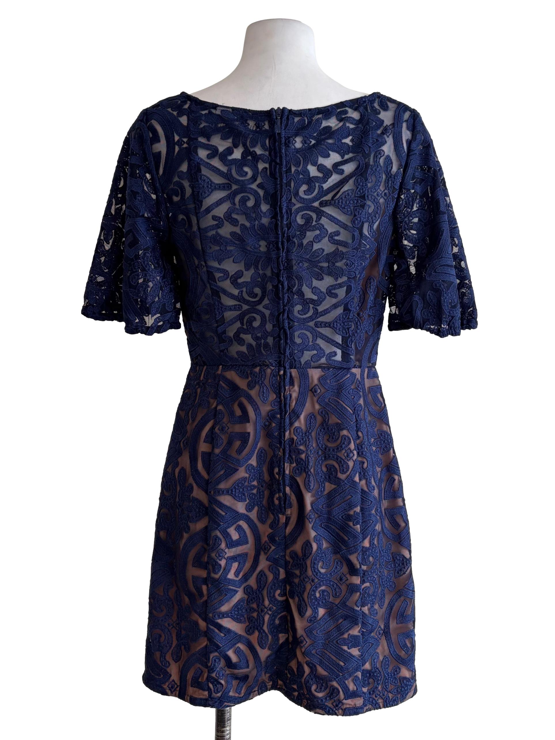 Midnight Blue Puff Sleeve Laced A-Line Dress