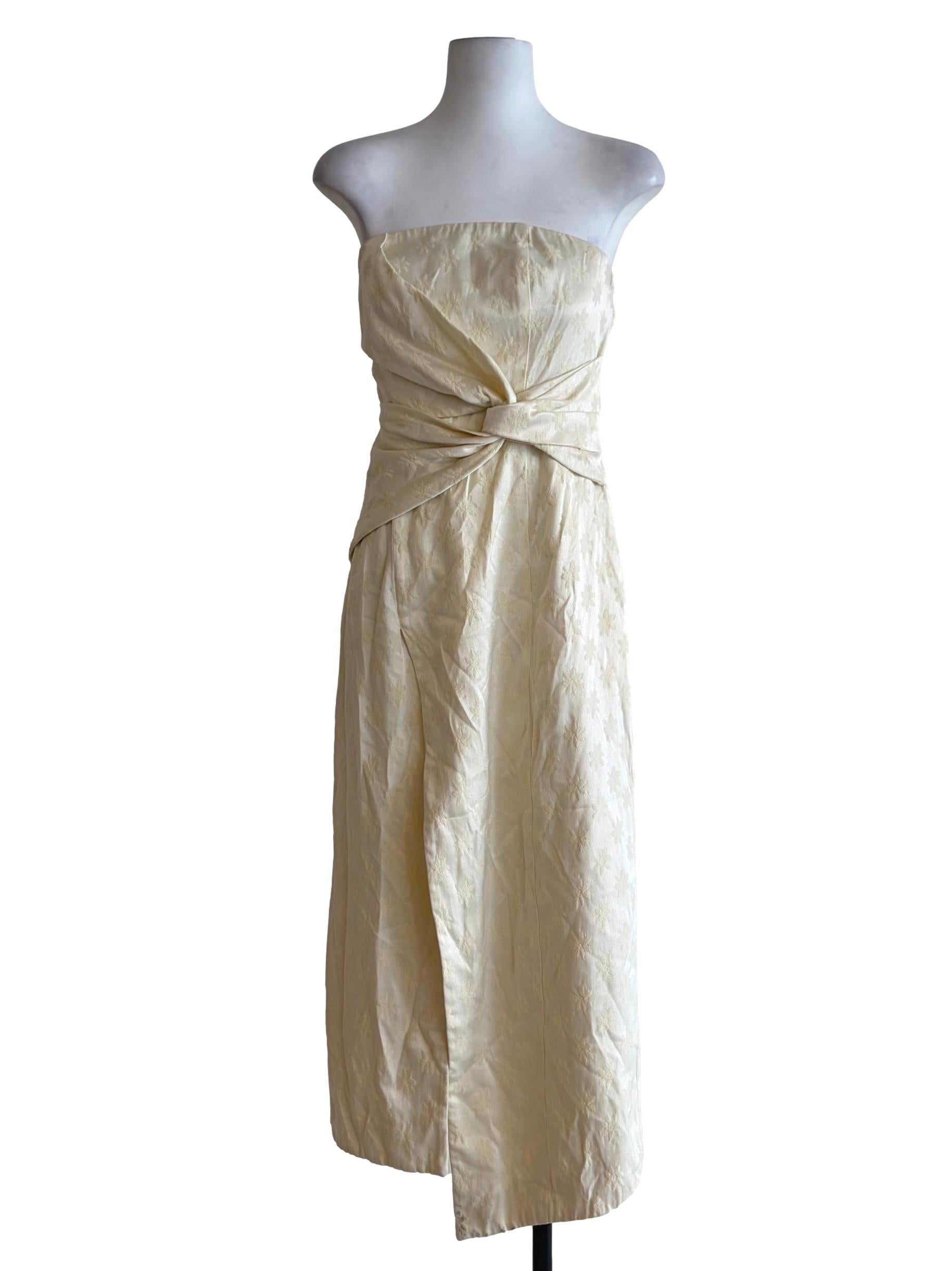 Butter Yellow Embroidered Front Twist Strapless Dress
