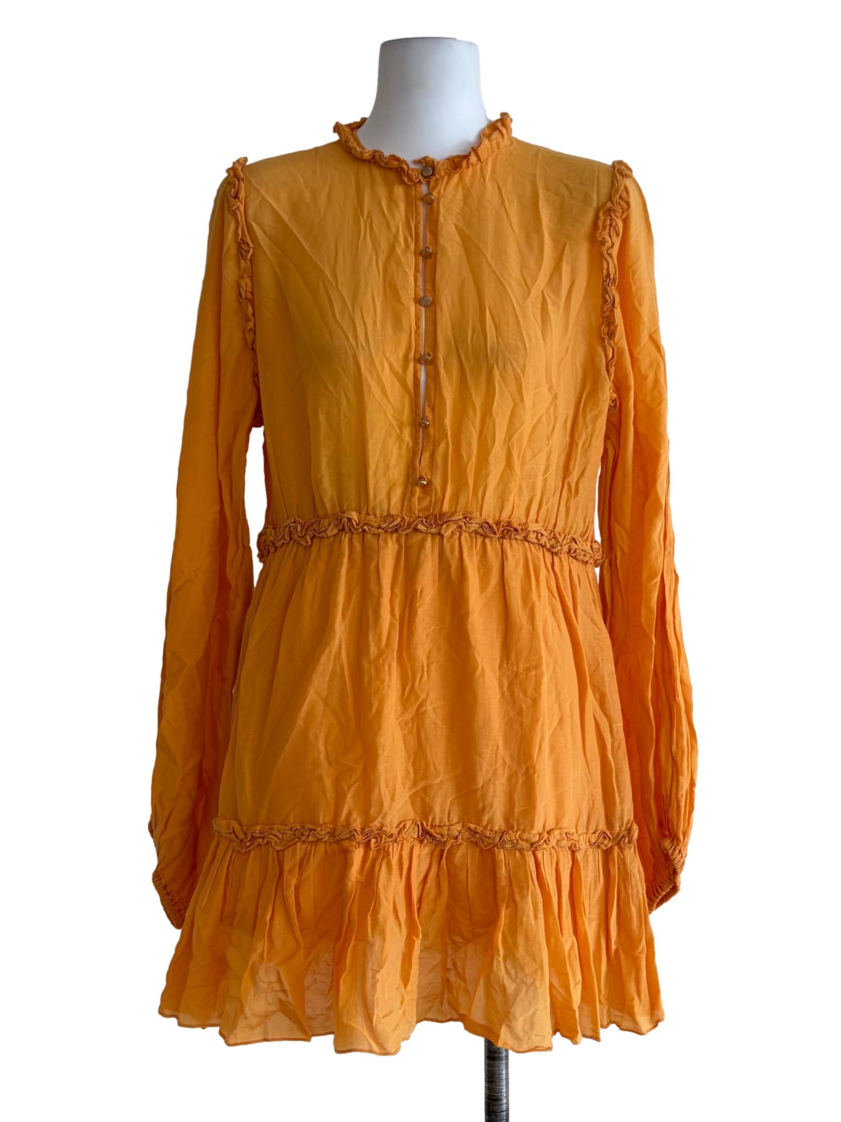 Coral Orange Ruffled Lined Tiered Long Sleeve Dress