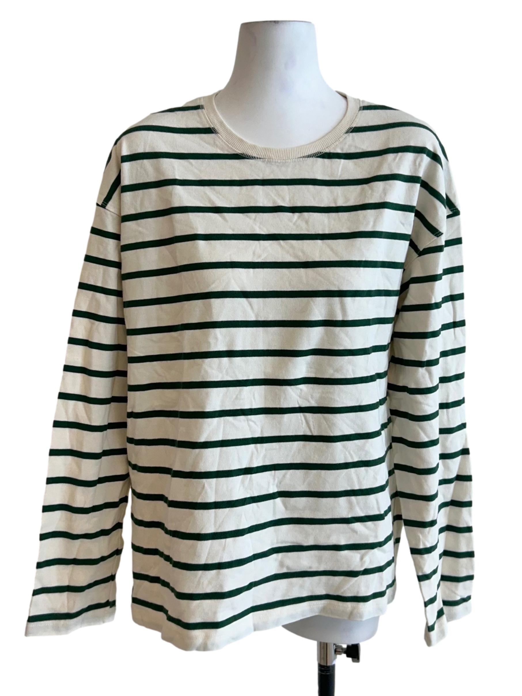 Cream & Green Striped Long Sleeve Tee