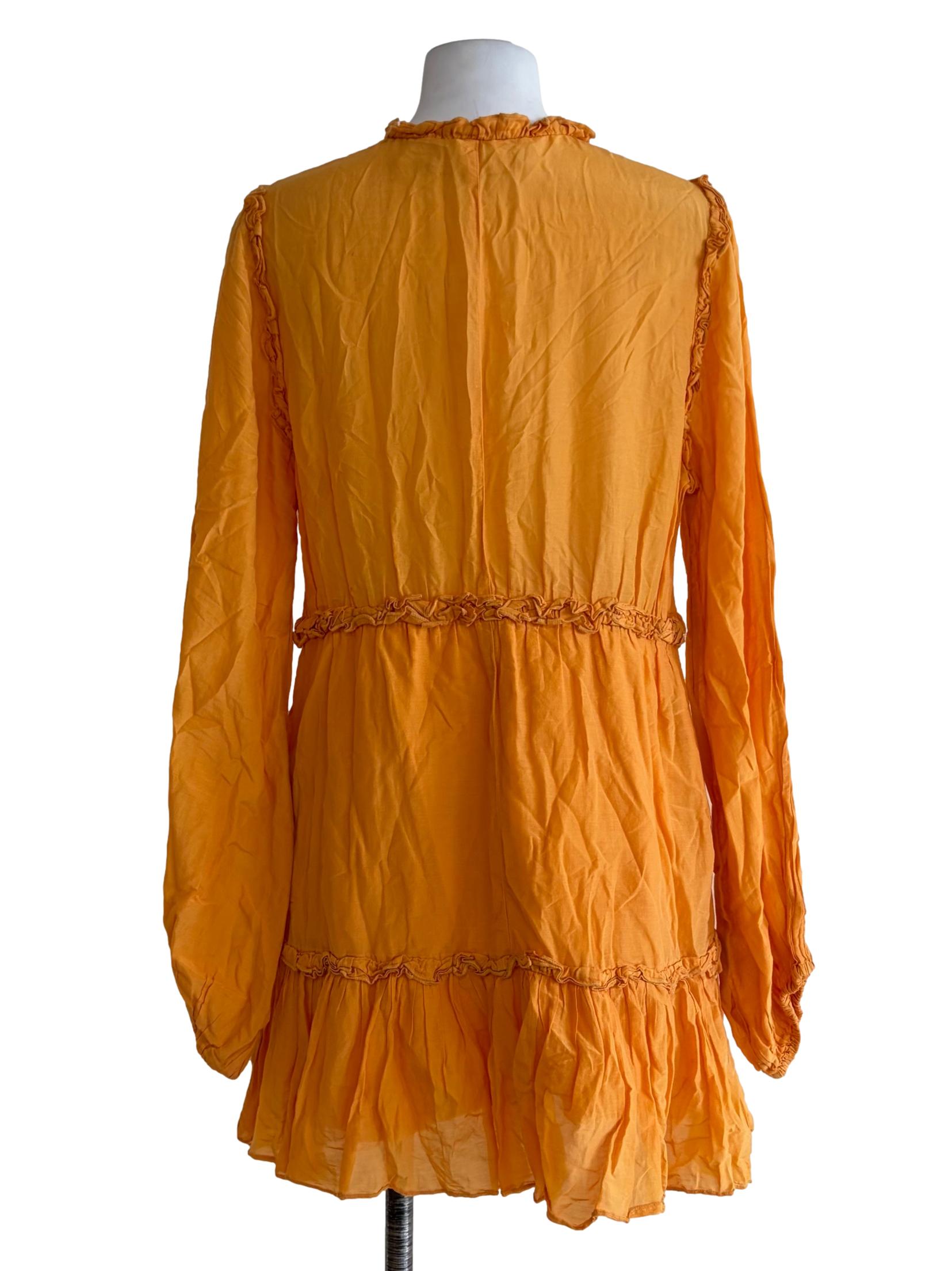 Coral Orange Ruffled Lined Tiered Long Sleeve Dress