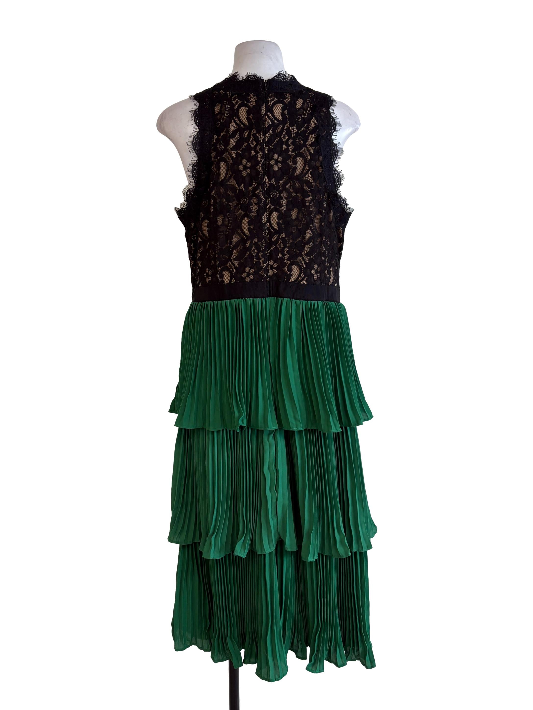 Black Lace Emerald Green Pleated Layered Dress LB