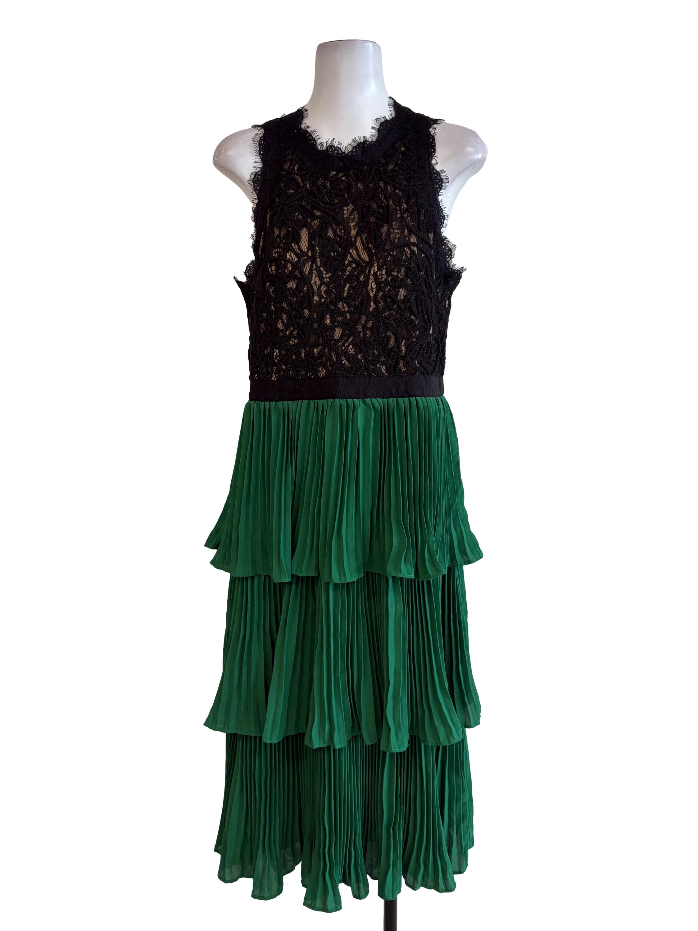 Black Lace Emerald Green Pleated Layered Dress LB