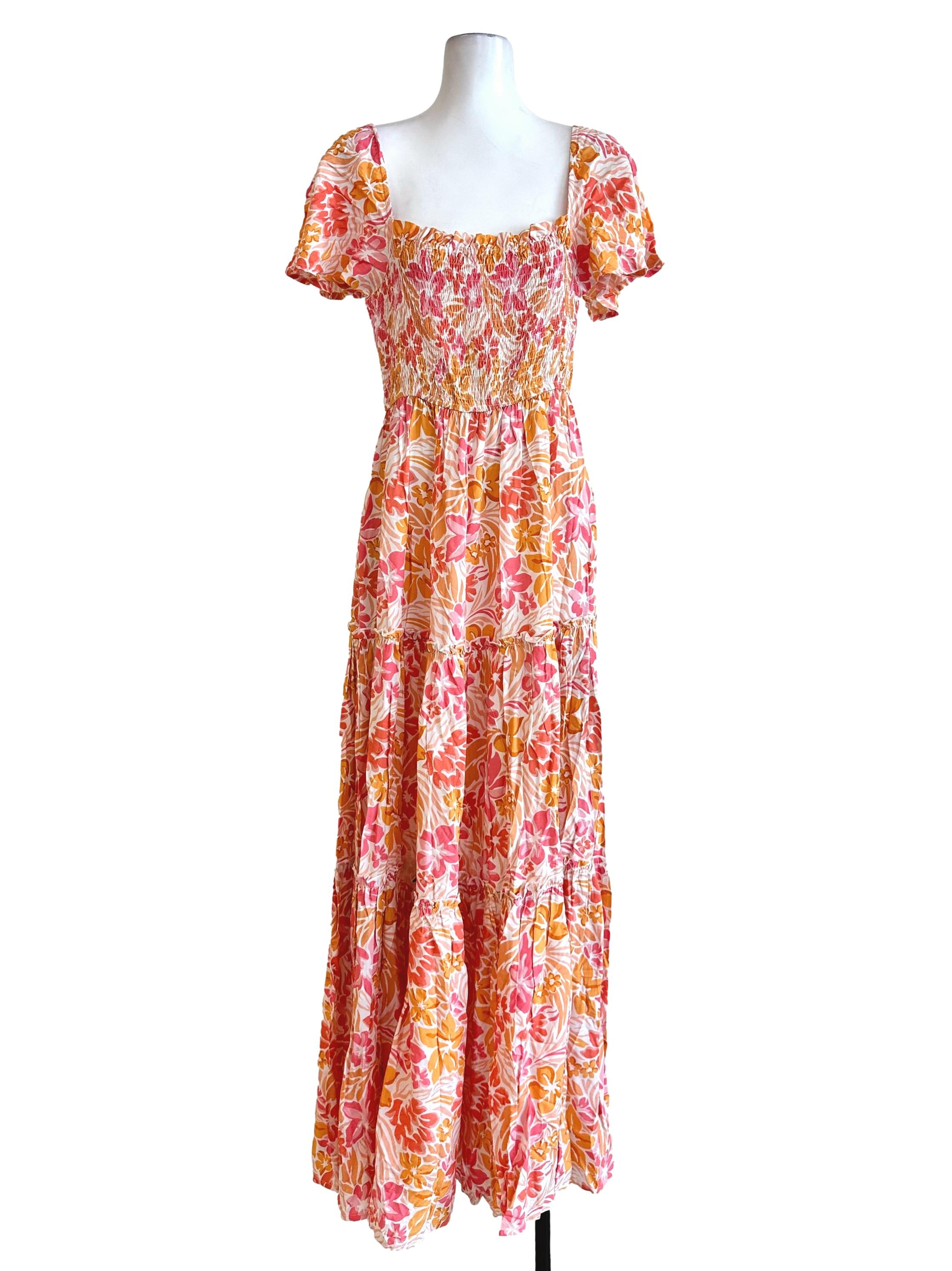 Orange Pink Floral Pattern Maxi Dress