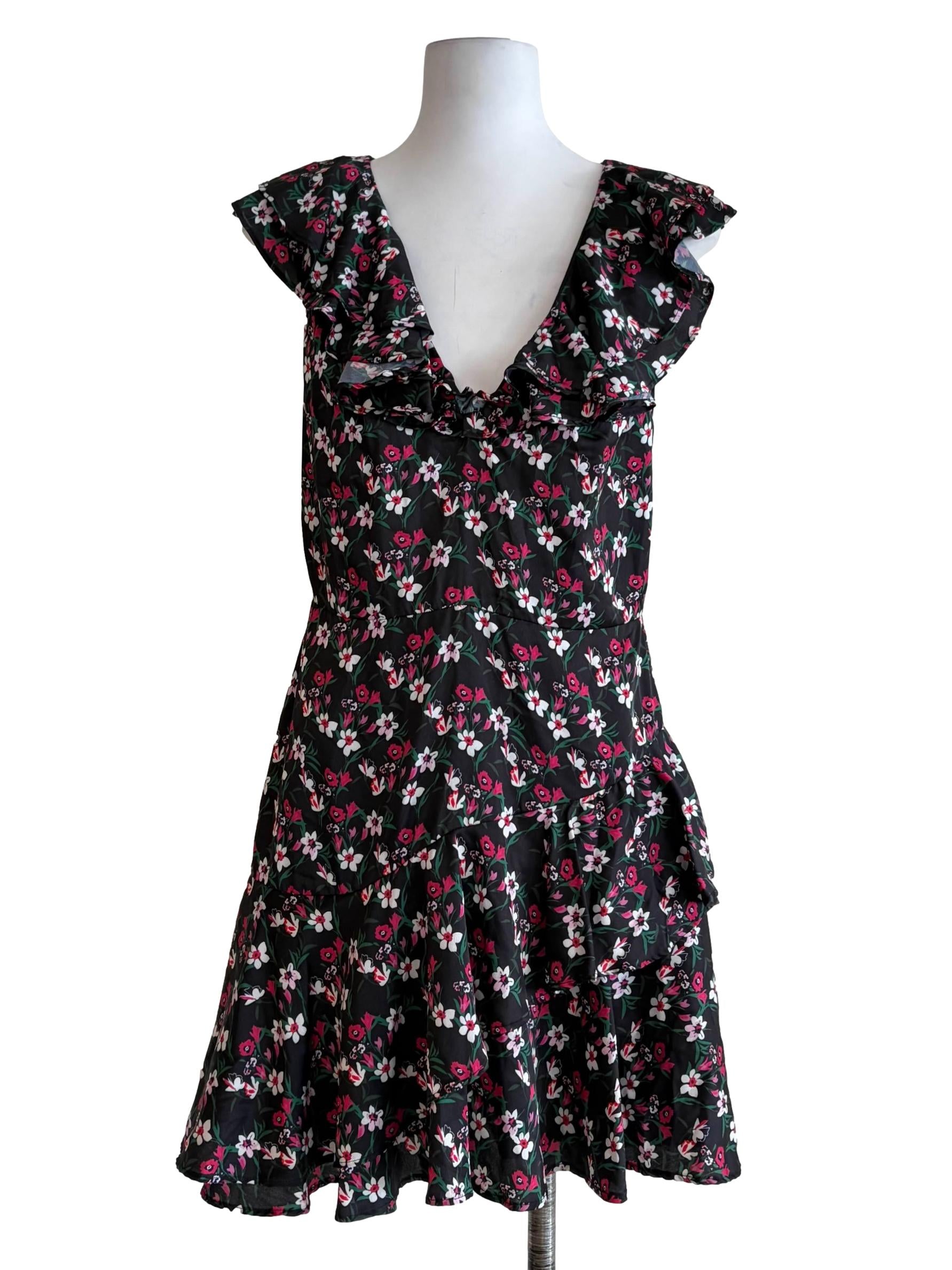 Raven Black Floral Print Flutter Sleeve Sun Dress