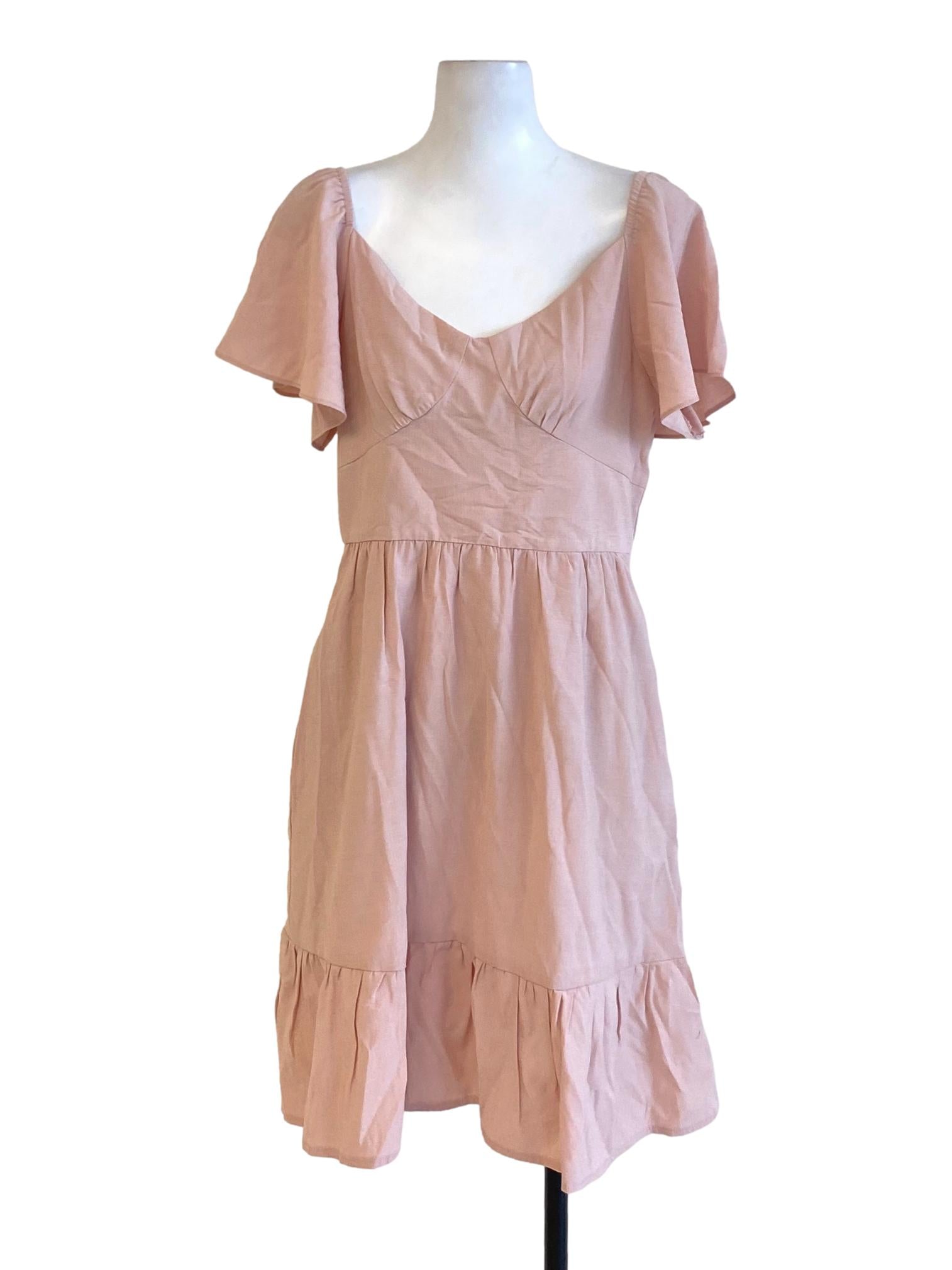 Crepe Pink V-Neck Cape Sleeve Drop Waist Dress