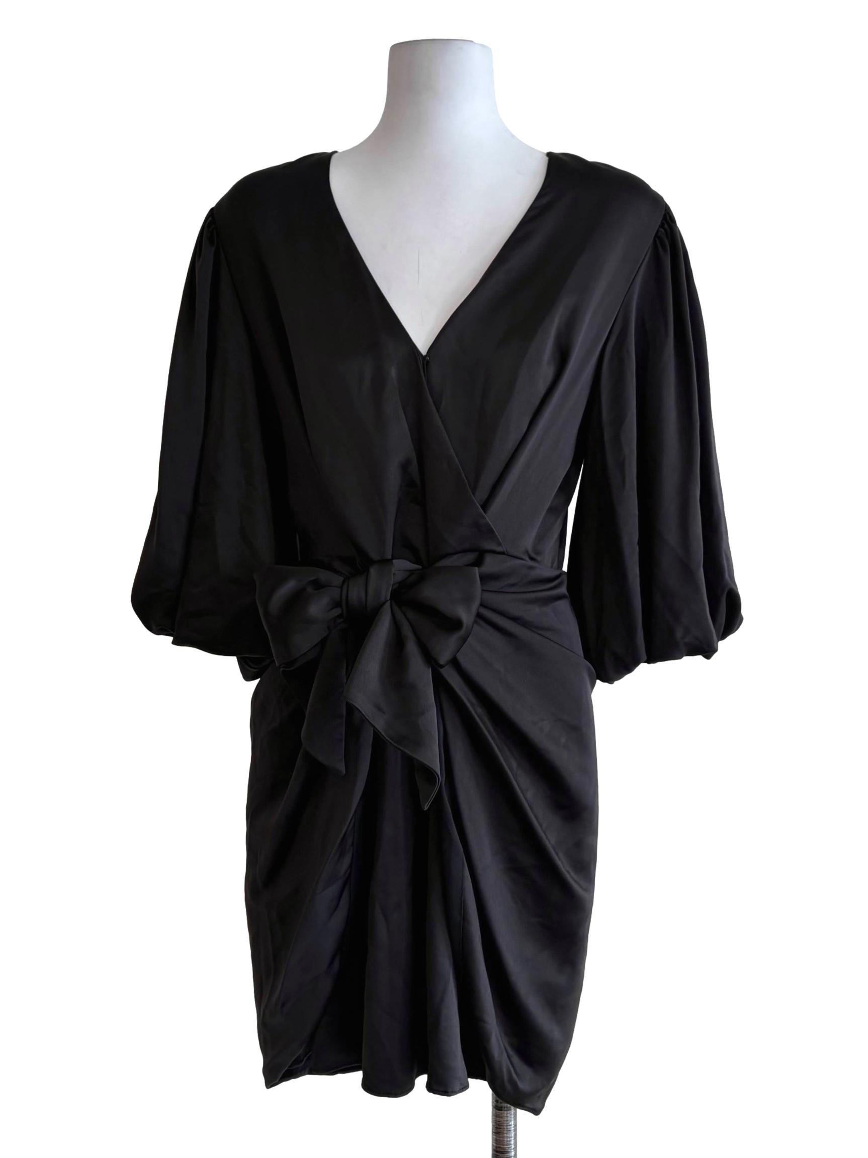 Jade Black Puff Sleeve Front Tied Dress