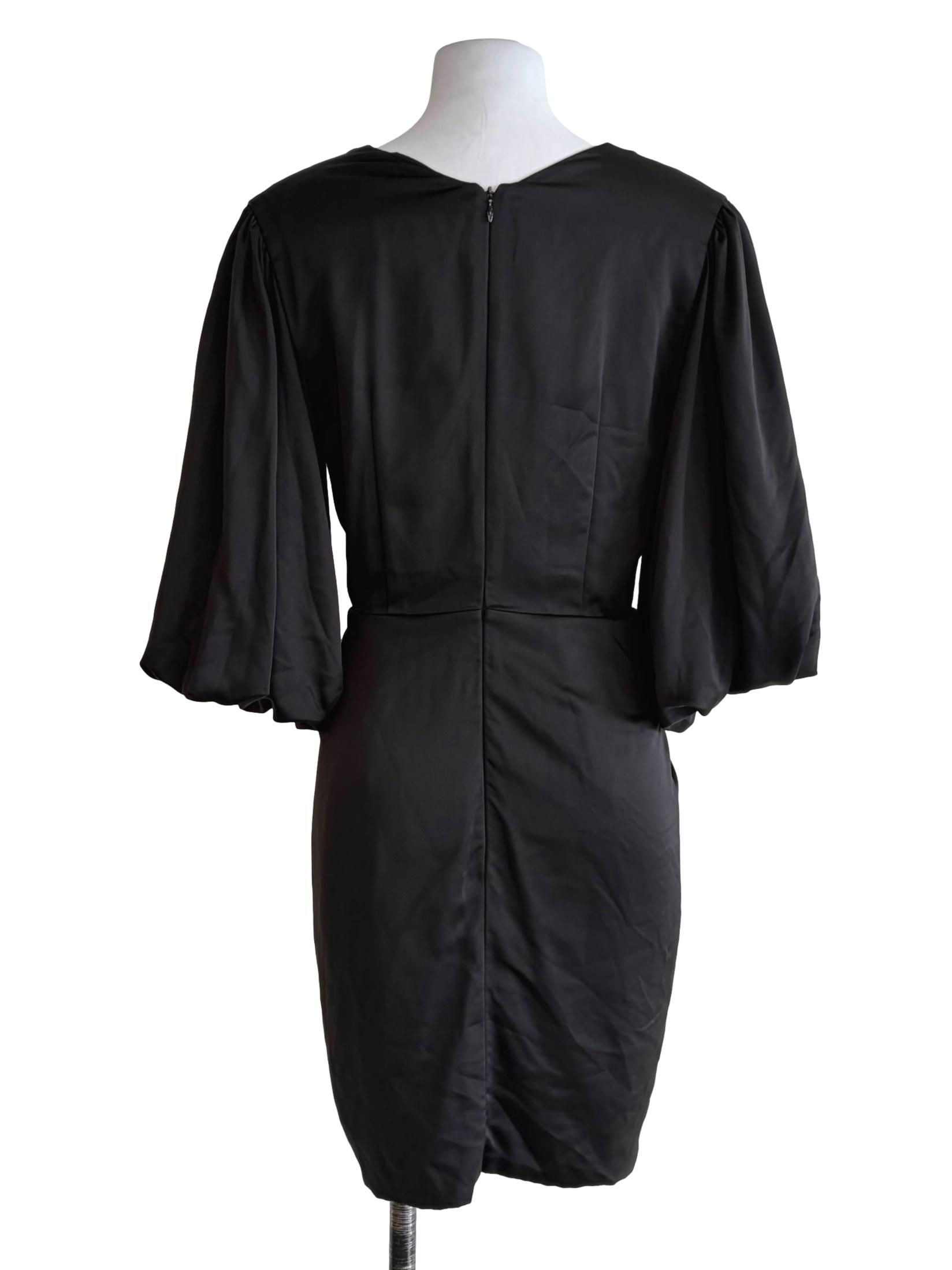 Jade Black Puff Sleeve Front Tied Dress