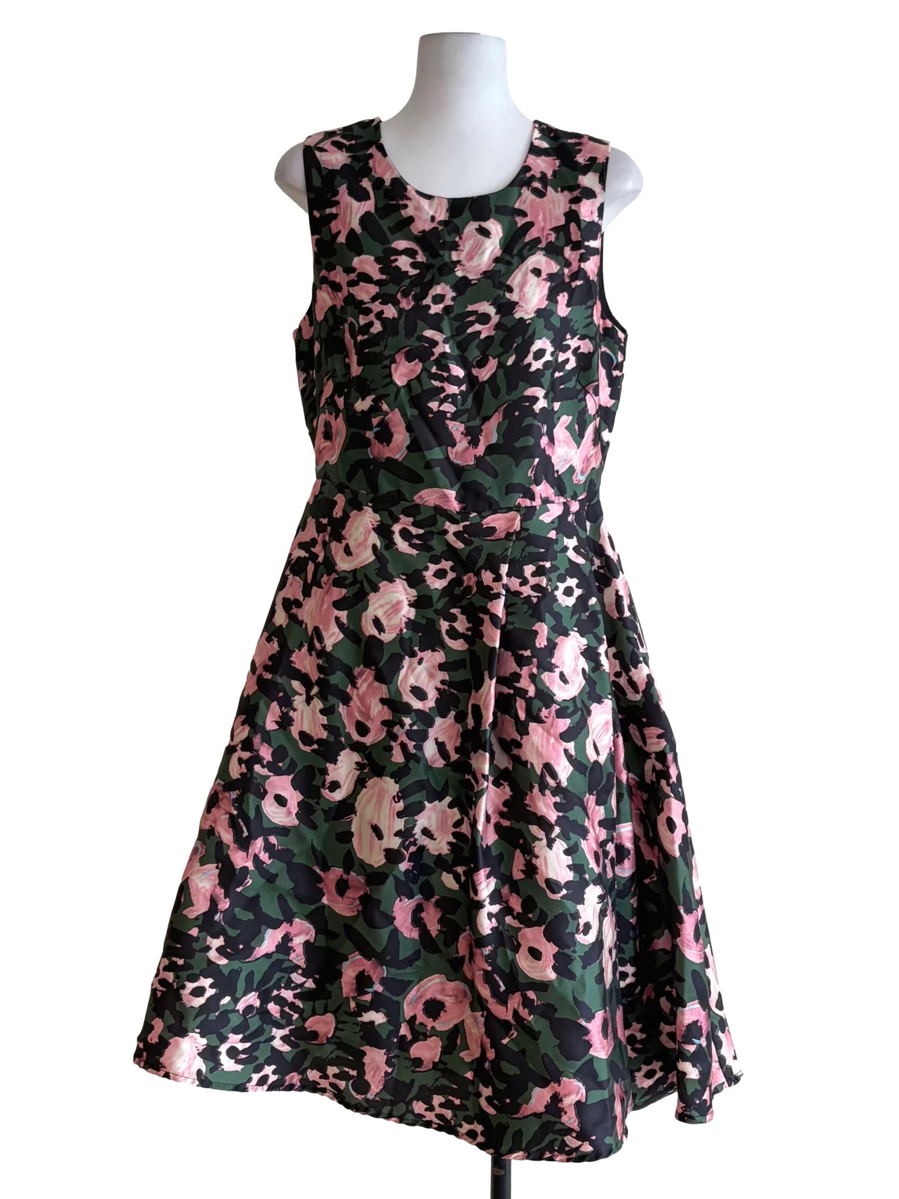 Forest Green Floral Printed Sleeveless A-Line Dress