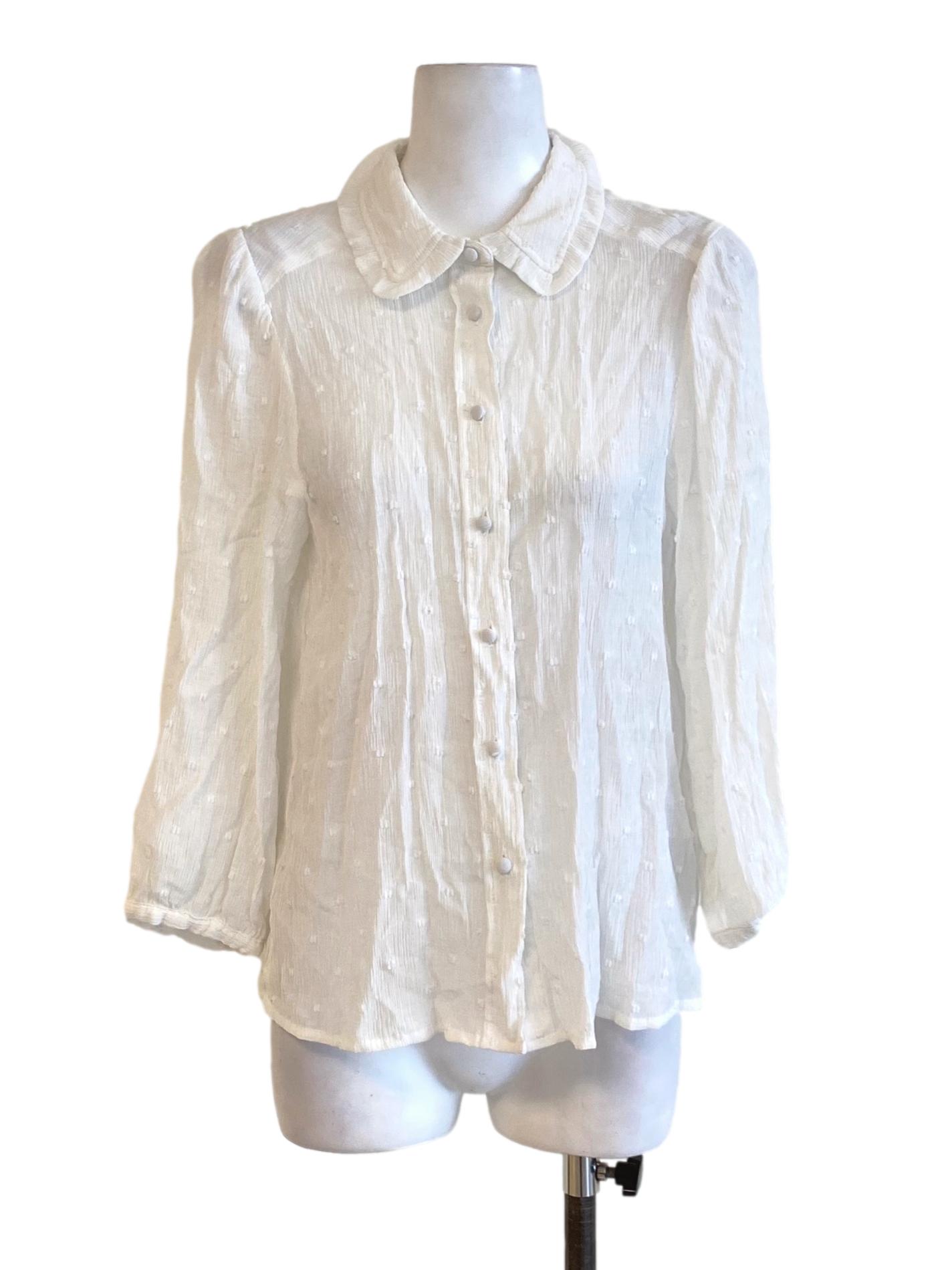 Chalk White Sharkskin Buttoned Down Puritan Long Sleeve Shirt Blouse