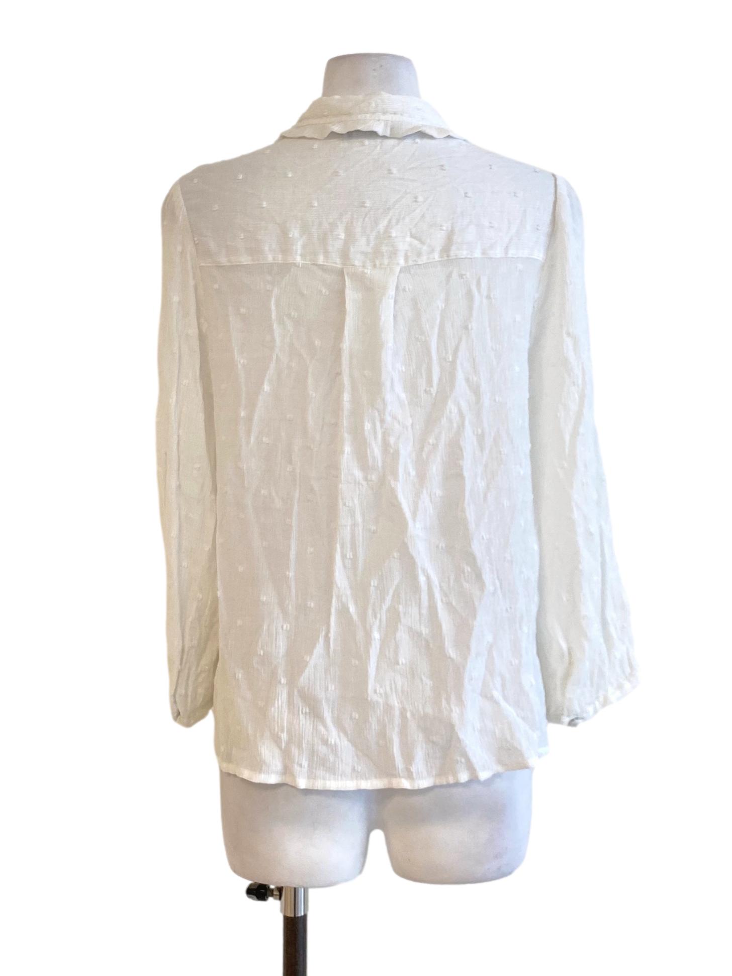 Chalk White Sharkskin Buttoned Down Puritan Long Sleeve Shirt Blouse