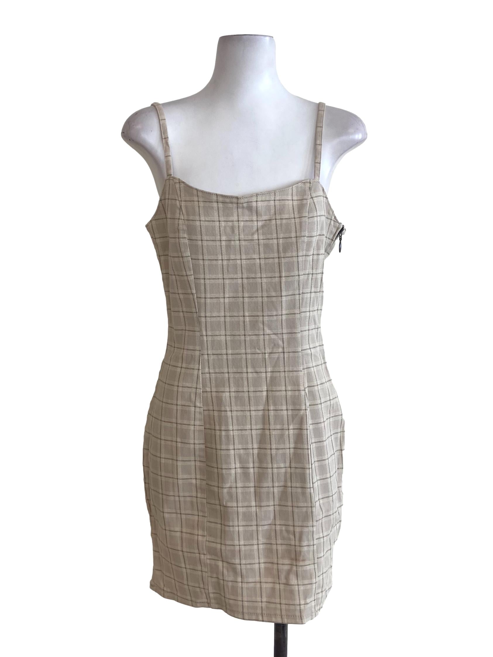 Bone Plaid Spaghetti Strap Dress