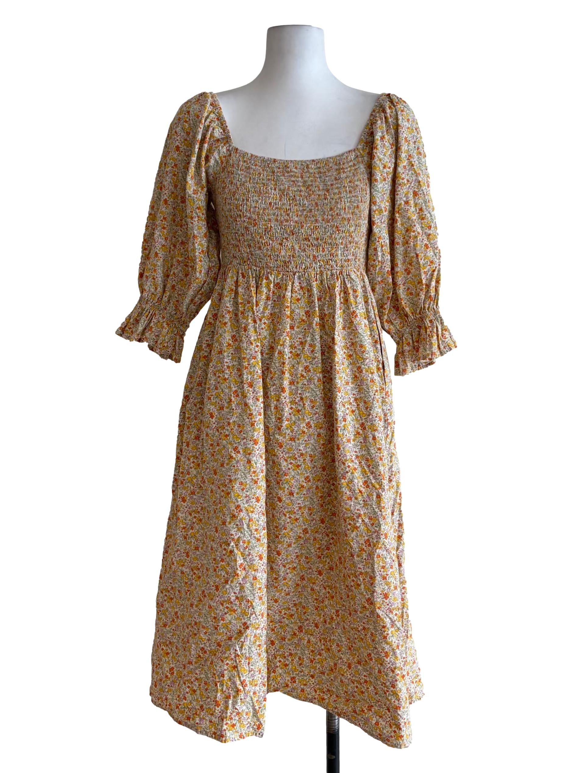 Ivory Beige Tiny Floral Printed Puff Sleeve Sun Dress