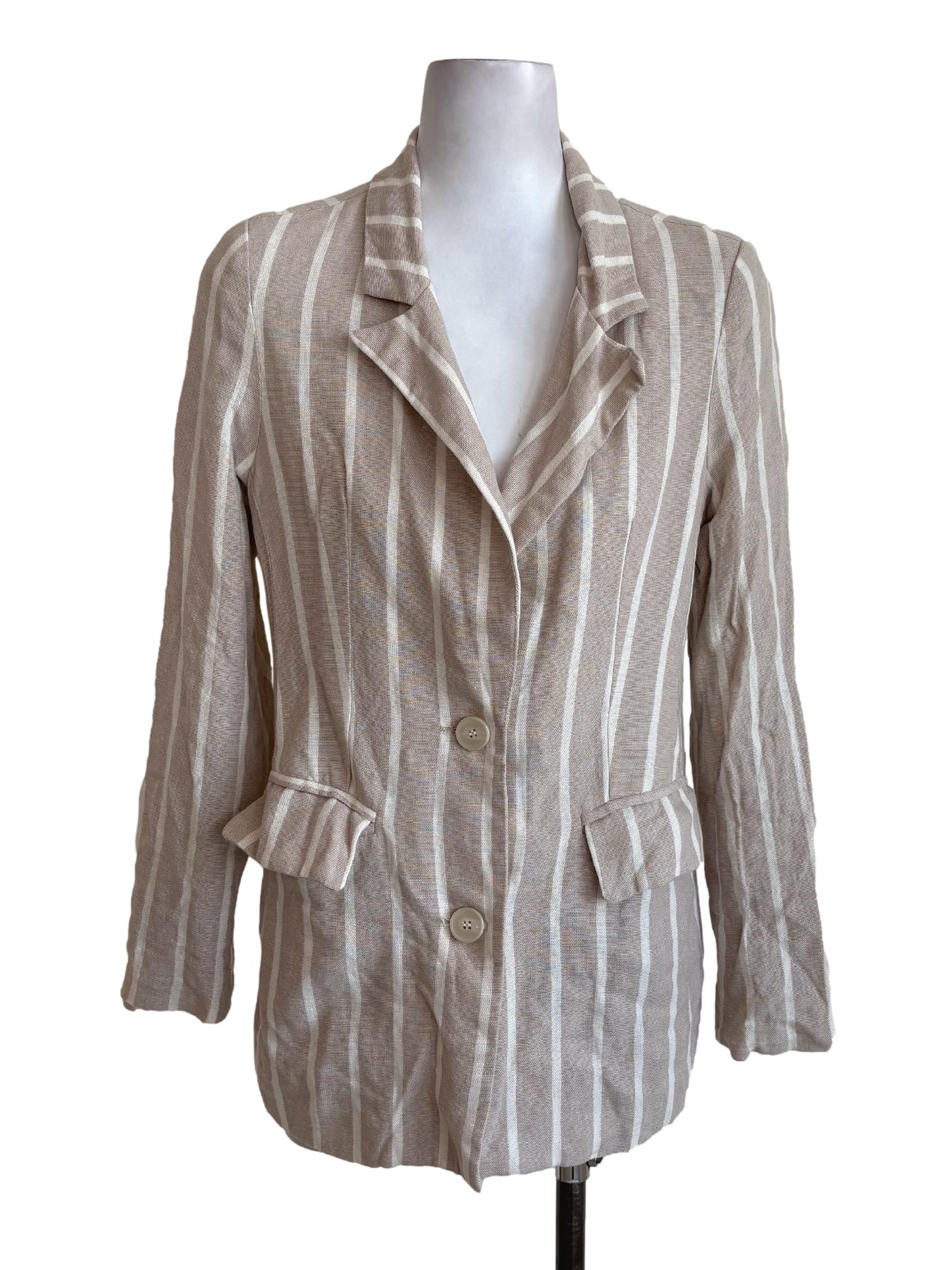 Beige Stripes Single Breasted Blazer
