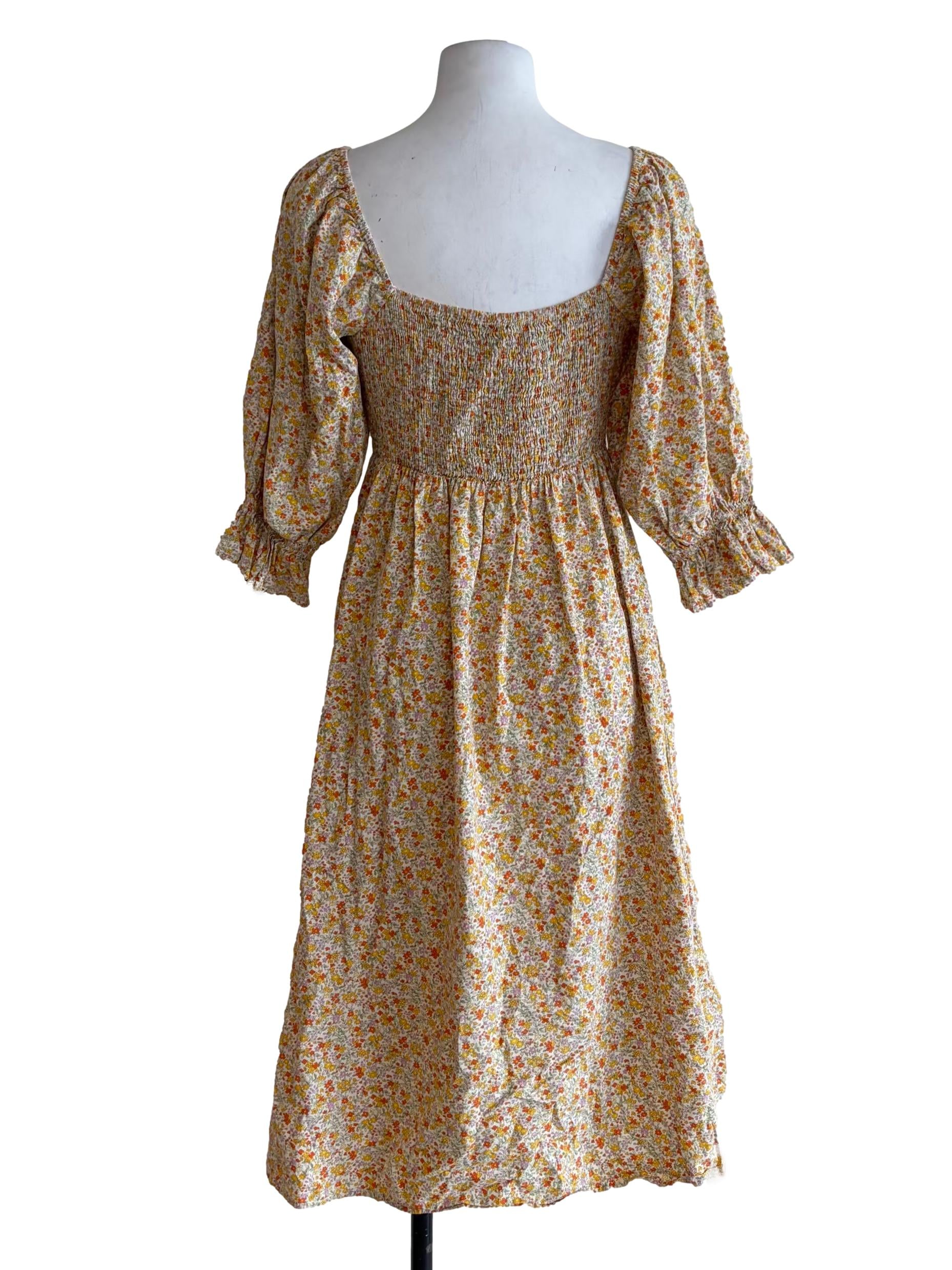 Ivory Beige Tiny Floral Printed Puff Sleeve Sun Dress