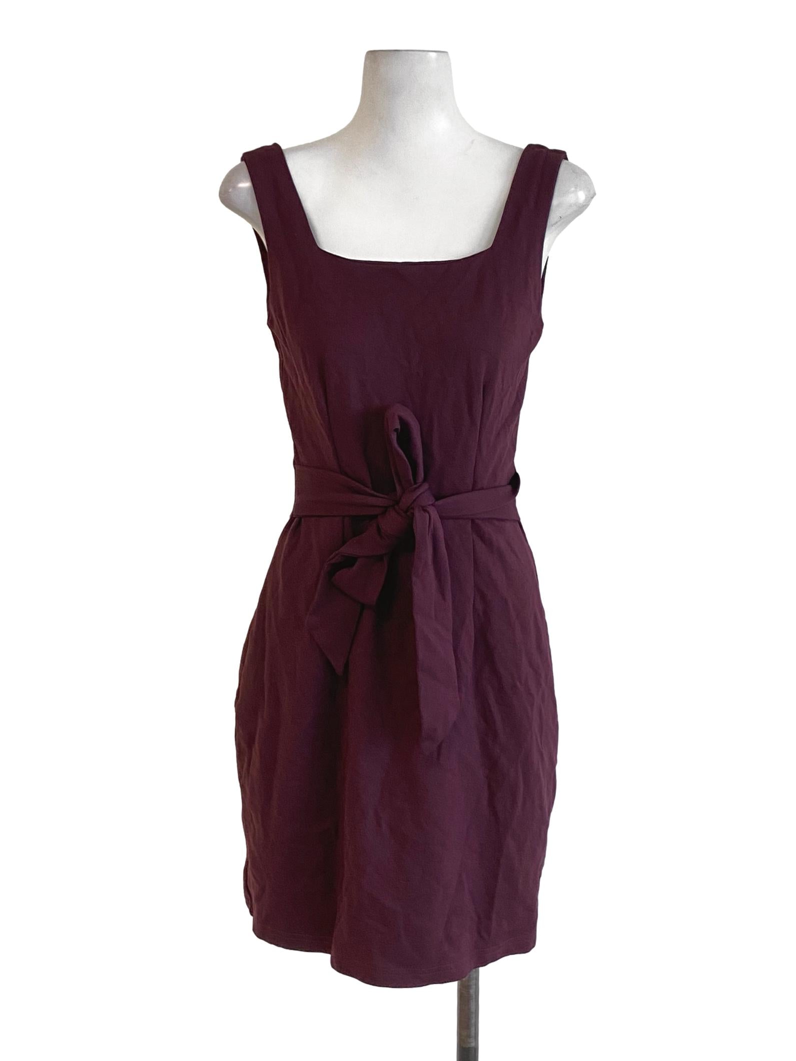 Plum Purple Square Neck Tie Waist Sheath Dress