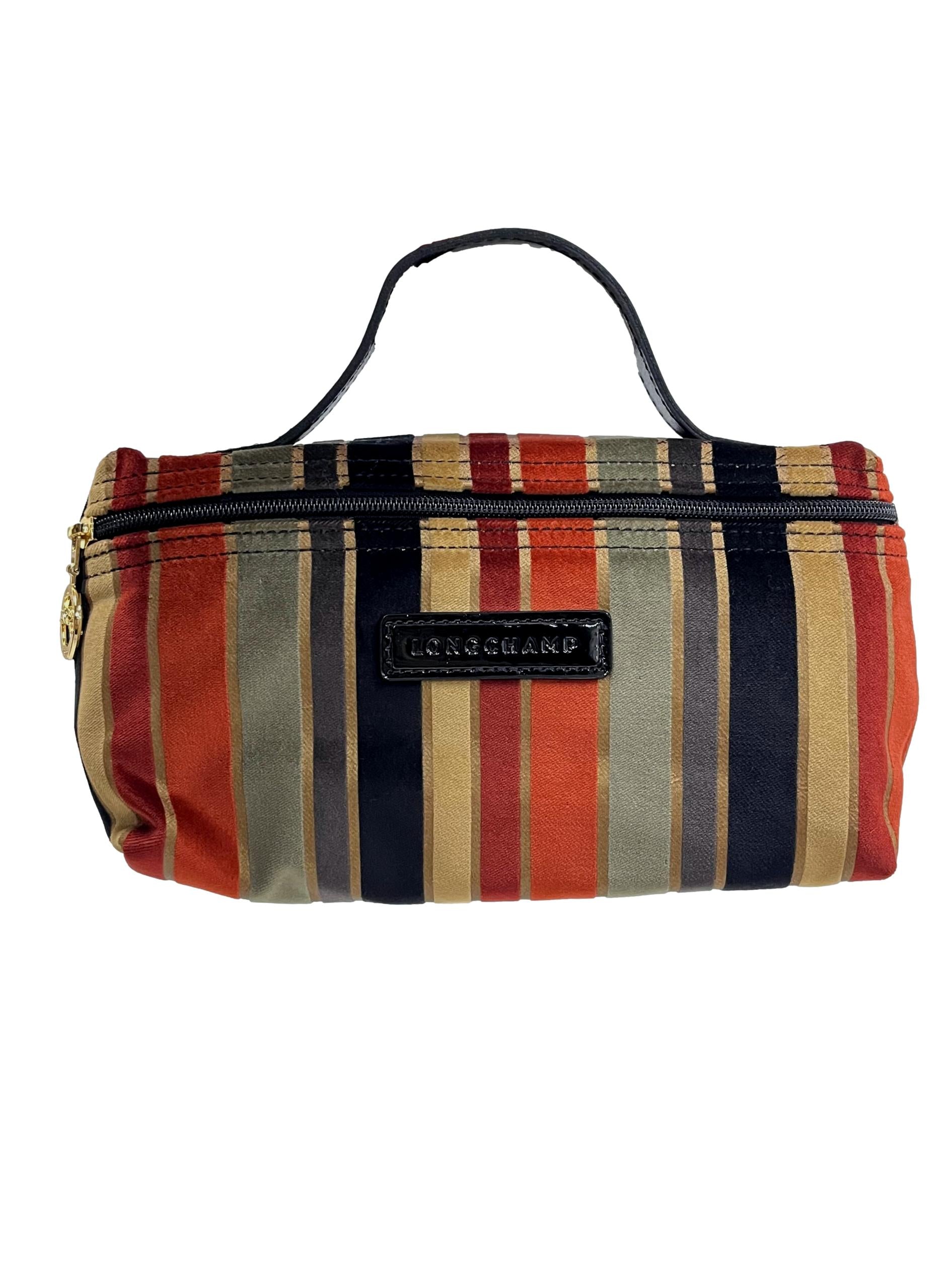 Brown Multicolour Striped Velvet Cosmetic Pouch